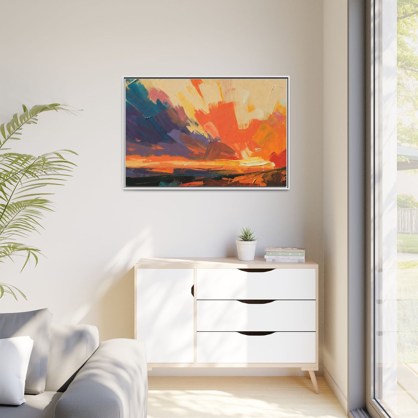 Framed Abstract Sunset Canvas Art – Multicolor Matte Wall Decor
