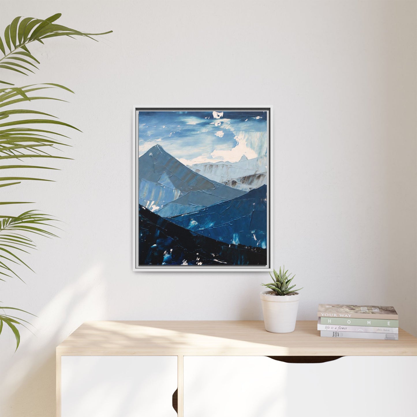Blue Mountain Landscape Matte Canvas Framed | Abstract Mountain Wall Art