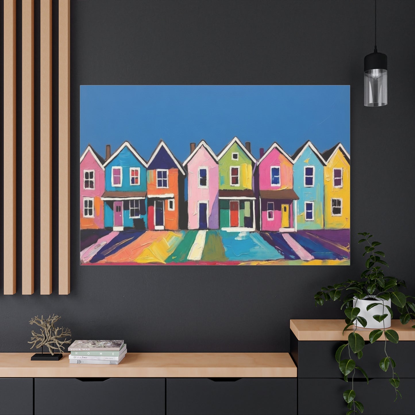 Colorful Row Houses Matte Canvas Print Vibrant Coastal Neighborhood Wall Art