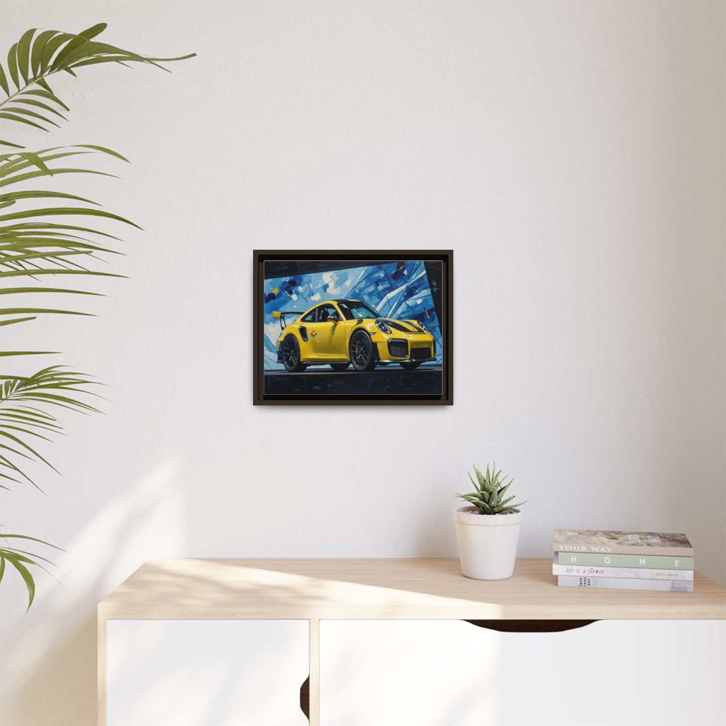 Yellow Porsche Sports Car Matte Framed Canvas – Modern Automotive Wall Art