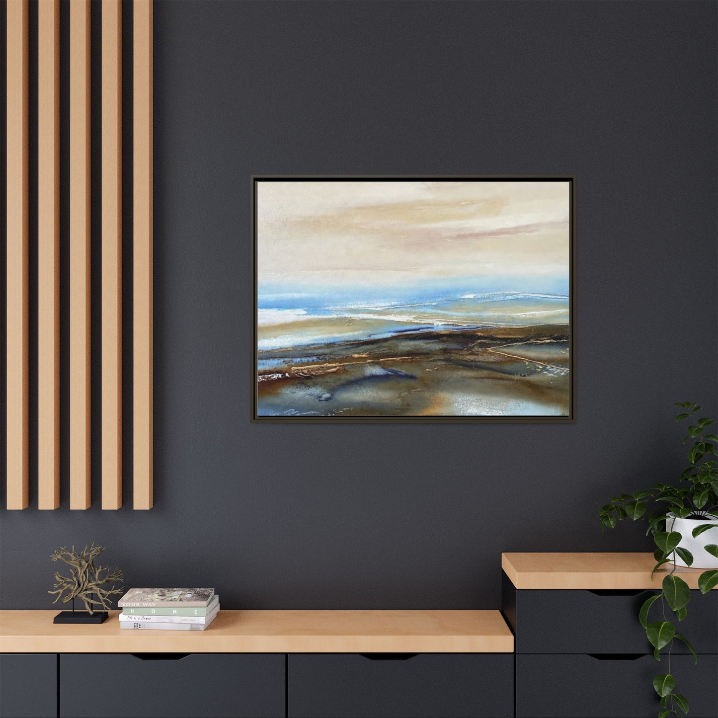 Framed Abstract Seascape Matte Canvas — Coastal Blue & Earth Tone Wall Art