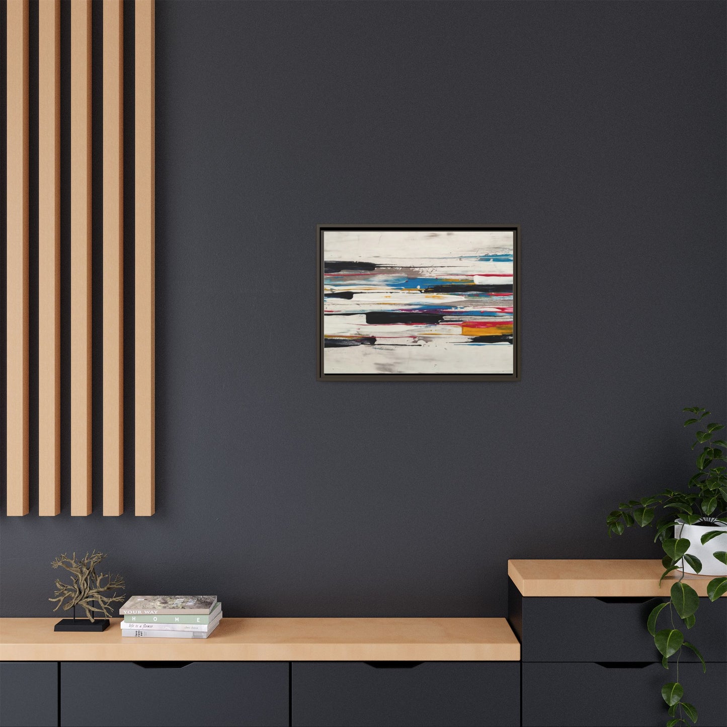Abstract Multi-Color Framed Canvas Wall Art — Modern Horizontal Brushstroke Print