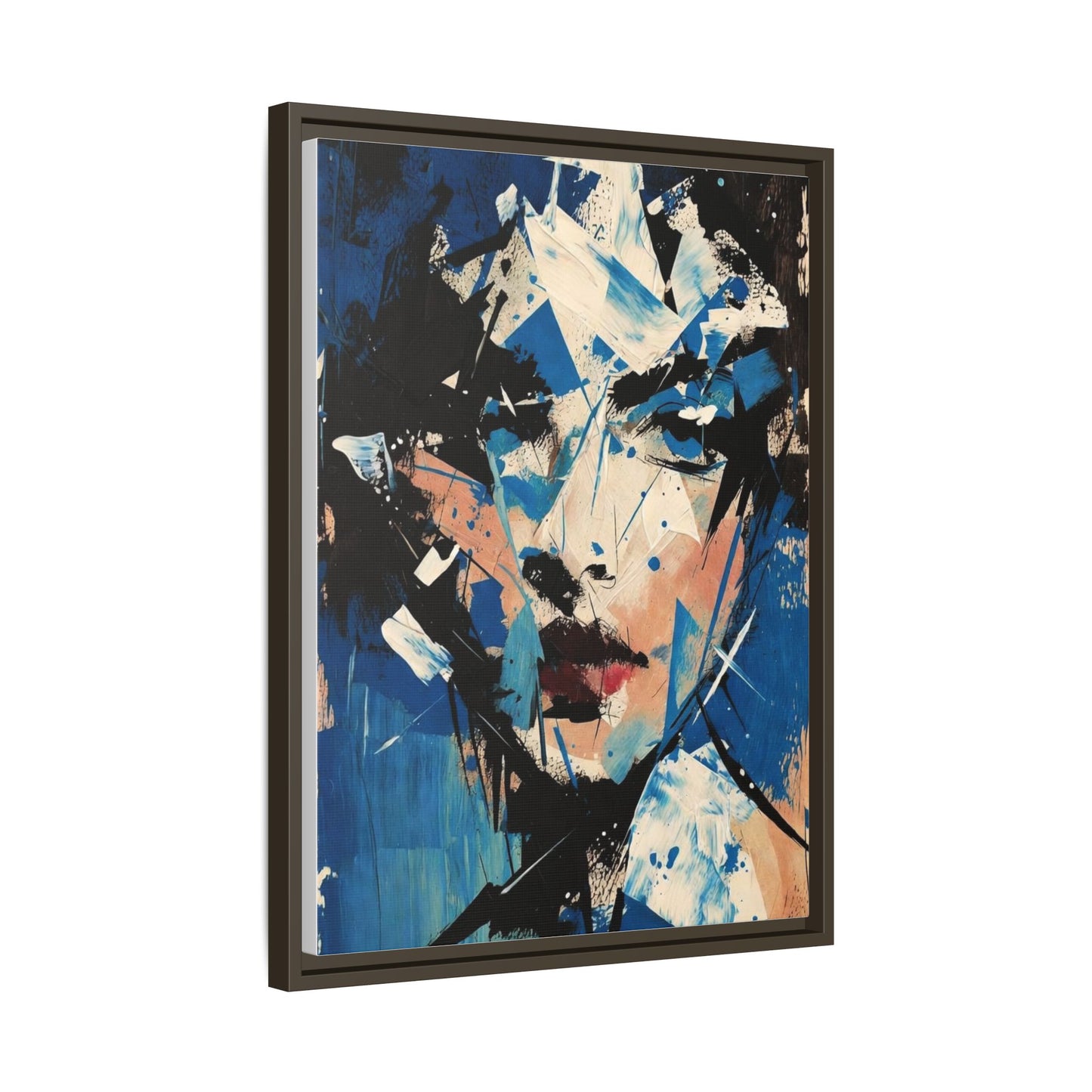 Abstract Portrait Matte Canvas Framed Wall Art — Blue Mixed-Media Face Print