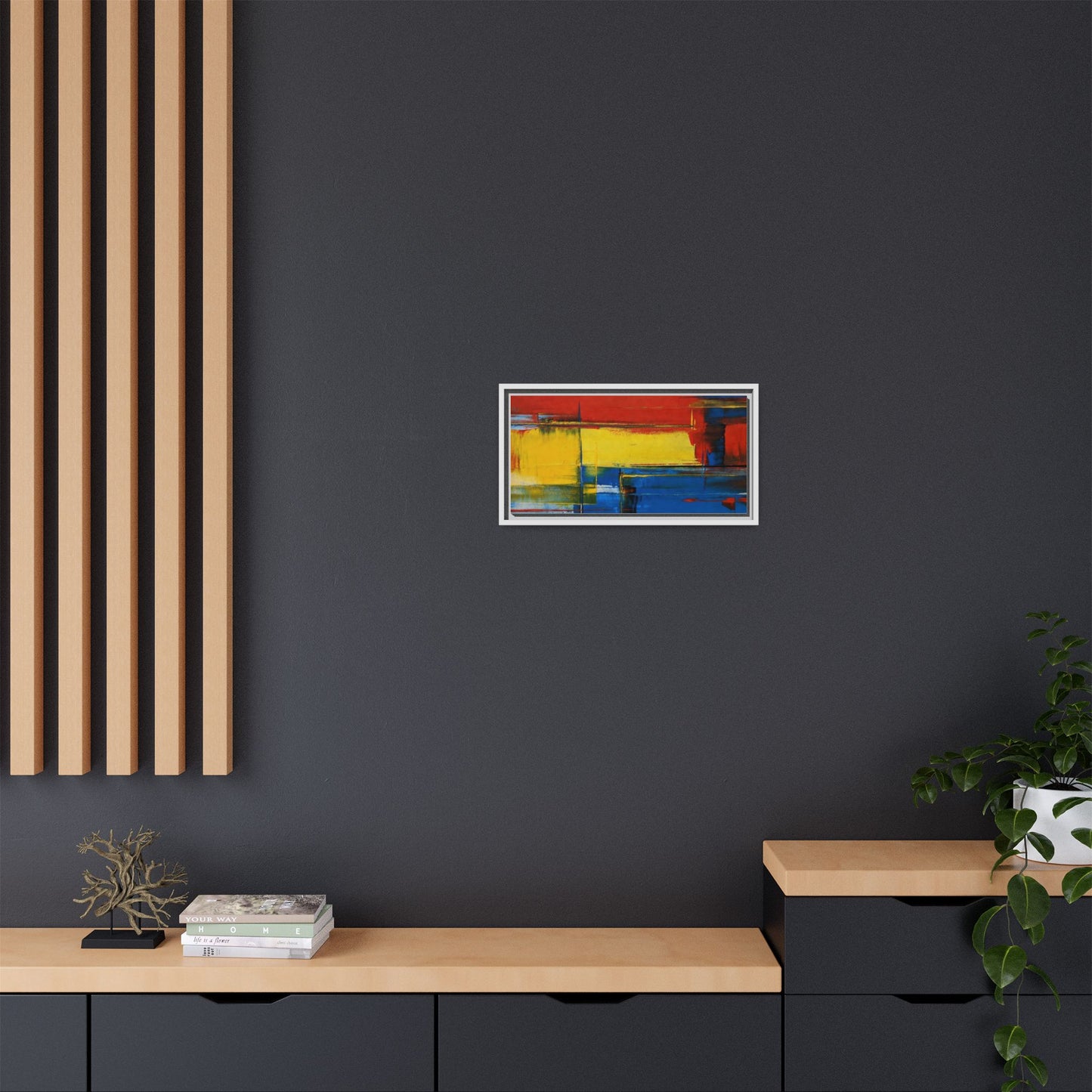 Abstract Color Block Matte Canvas Framed Wall Art — Modern Red Yellow Blue Painting