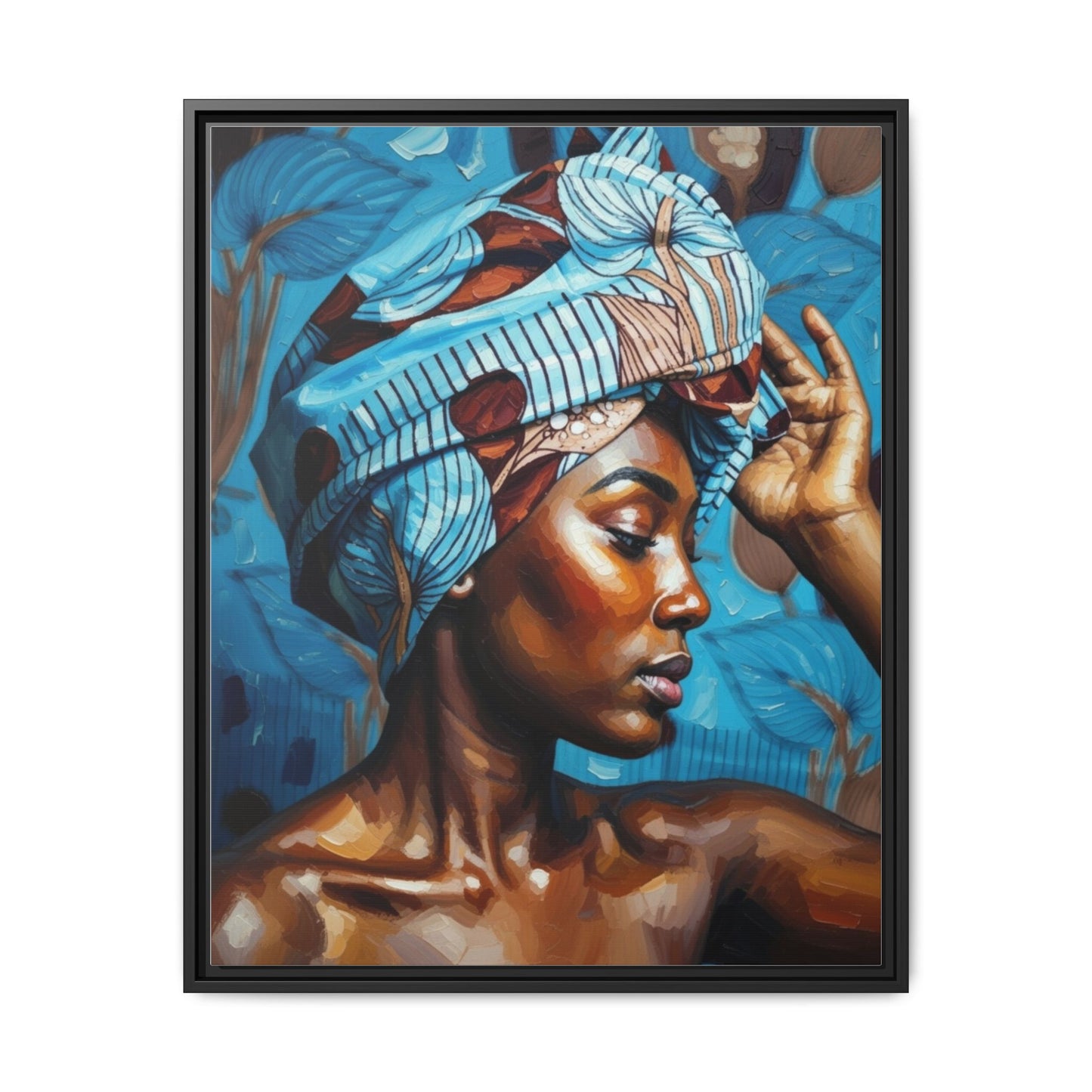 Framed Canvas Art — Portrait of Woman in Blue Headwrap