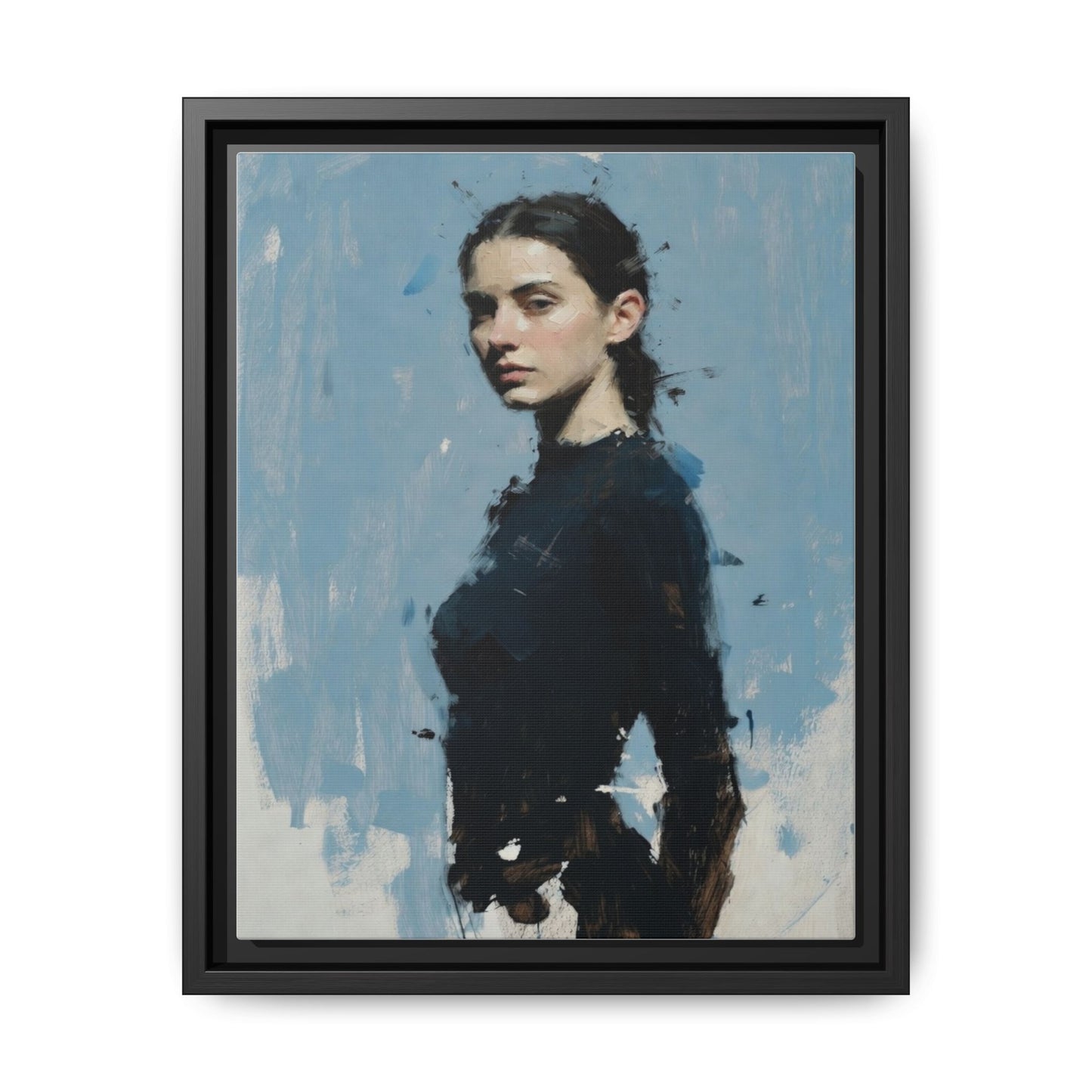 Framed Matte Canvas Portrait Print — Elegant Blue Woman Art