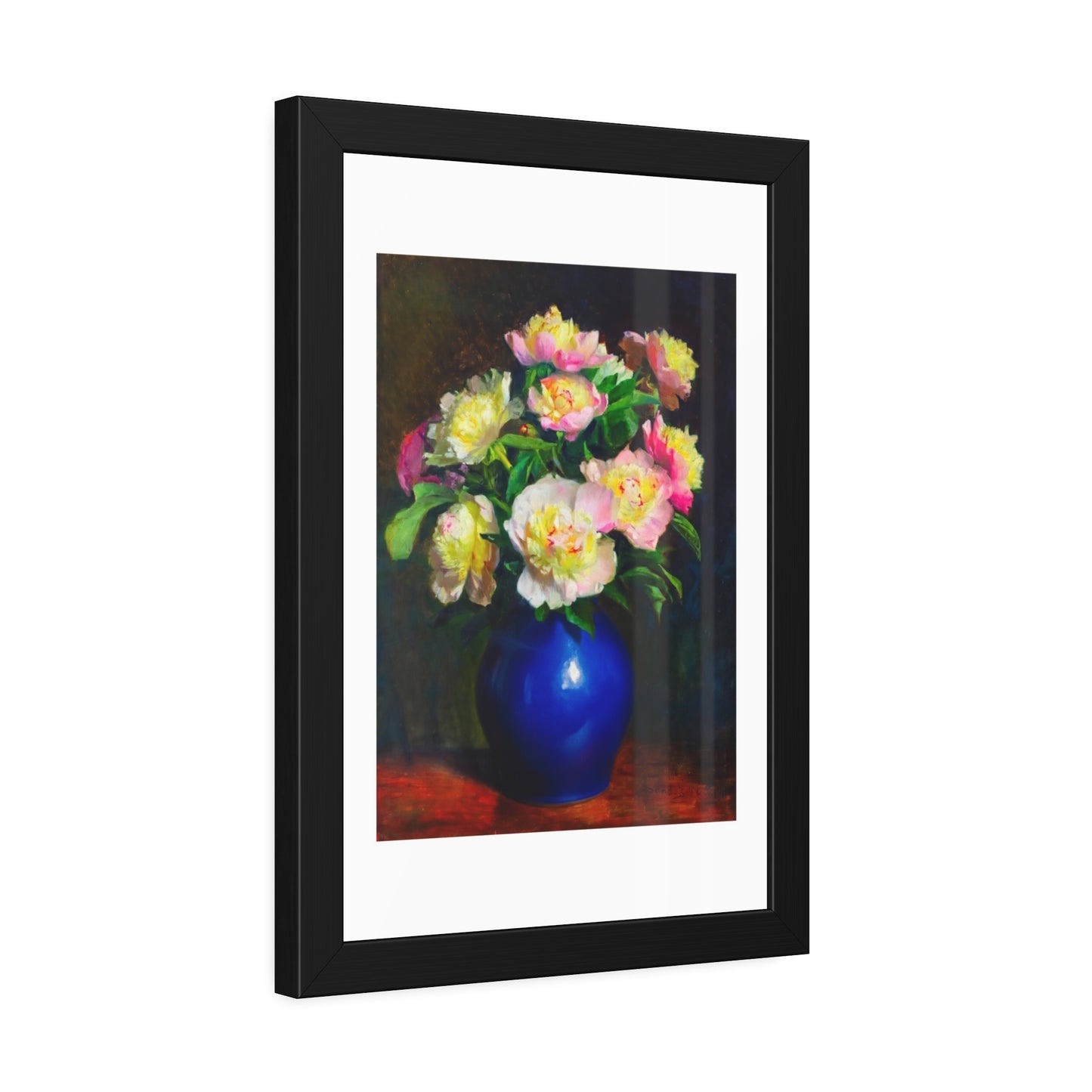 Framed Floral Poster — Pink Peonies in Blue Vase Wall Art