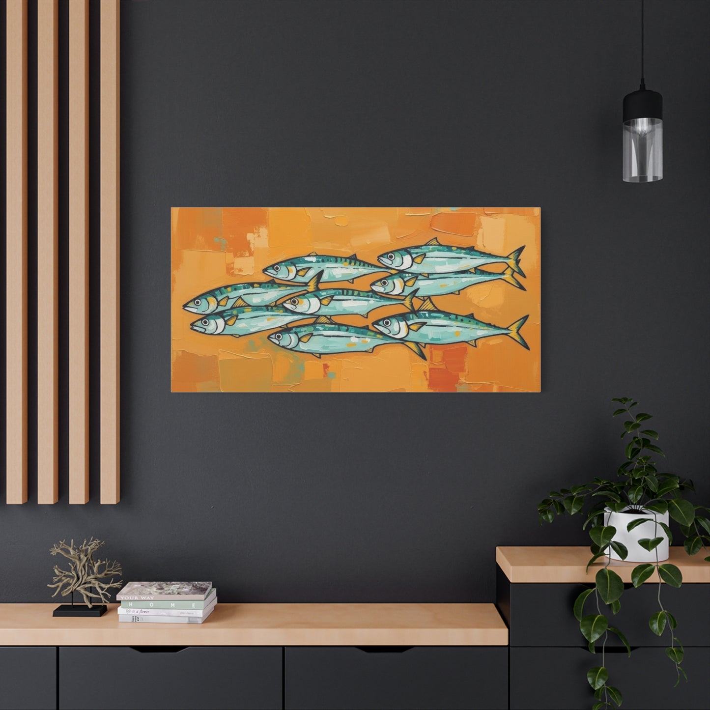 School of Mackerel Canvas Wall Art — Nautical Fish Painting on Orange Background