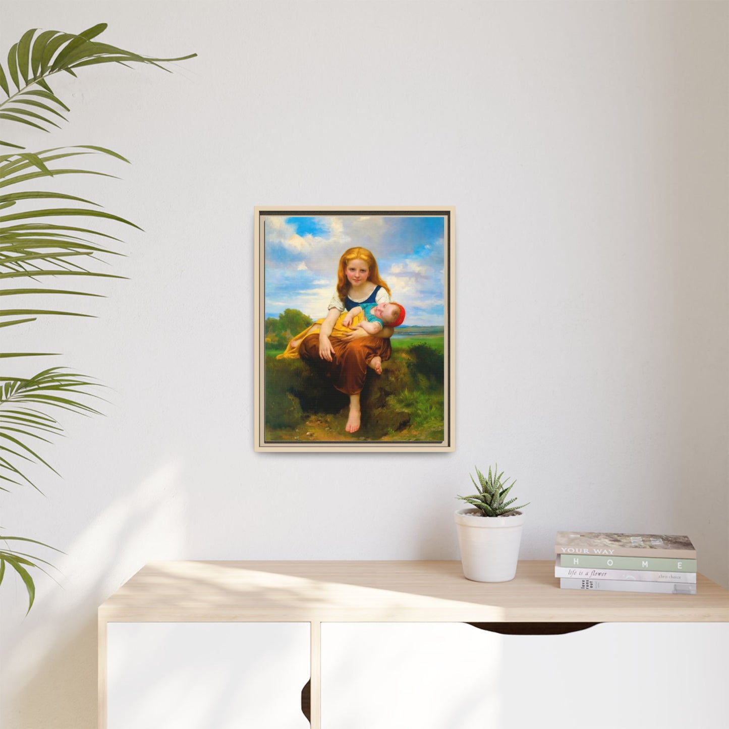 Young Girl Holding Sleeping Baby Canvas Print, Framed Wall Art