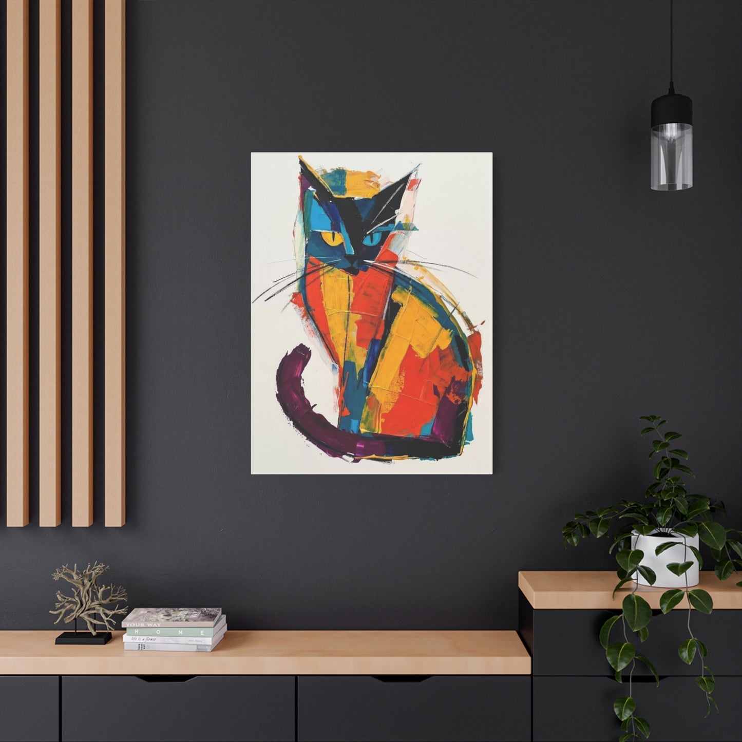Colorful Abstract Cat Canvas Art - Modern Stretched Matte Wall Decor