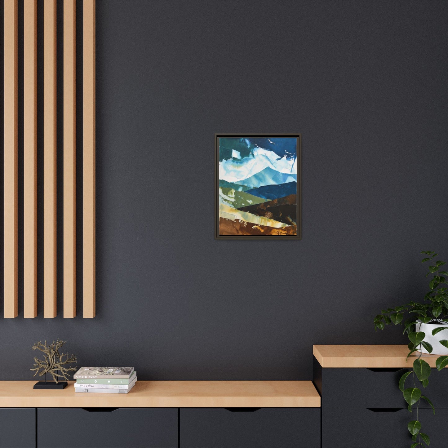 Framed Abstract Mountain Canvas Art — Blue & Earthtone Landscape Print