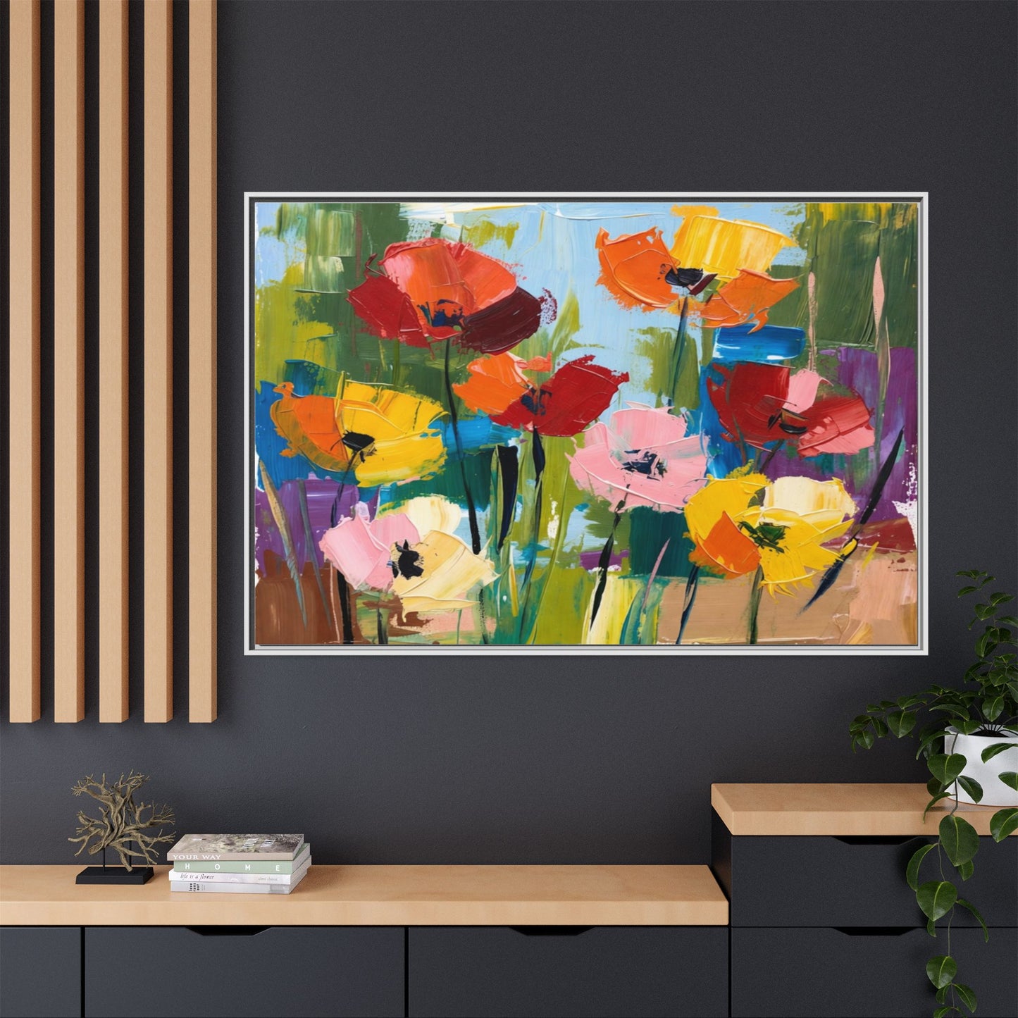 Framed Floral Canvas Print — Colorful Abstract Poppy Artwork