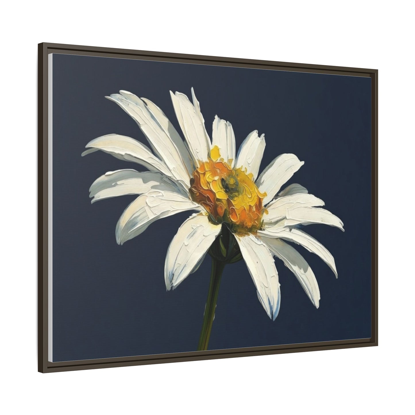 Framed Matte Canvas Daisy Wall Art — White Floral Painting on Navy