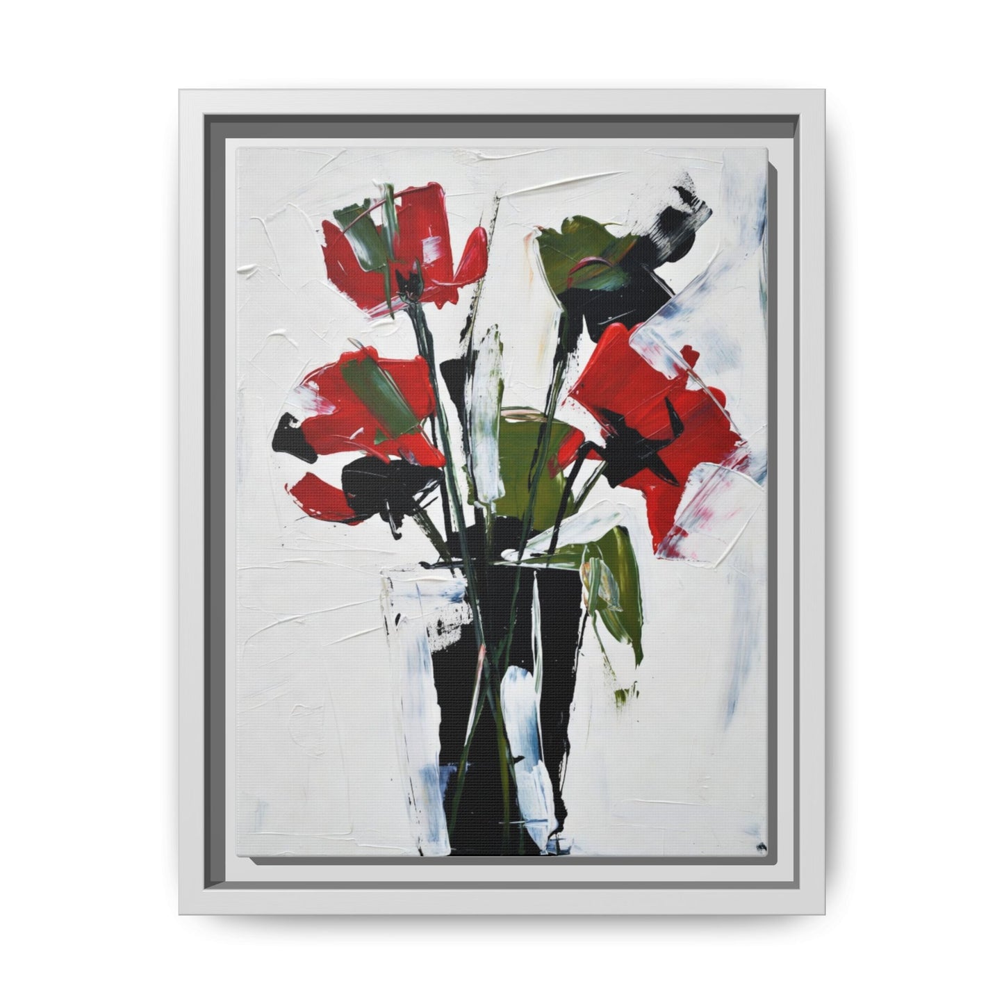 Framed Abstract Floral Canvas Print — Red Poppies in Black Vase
