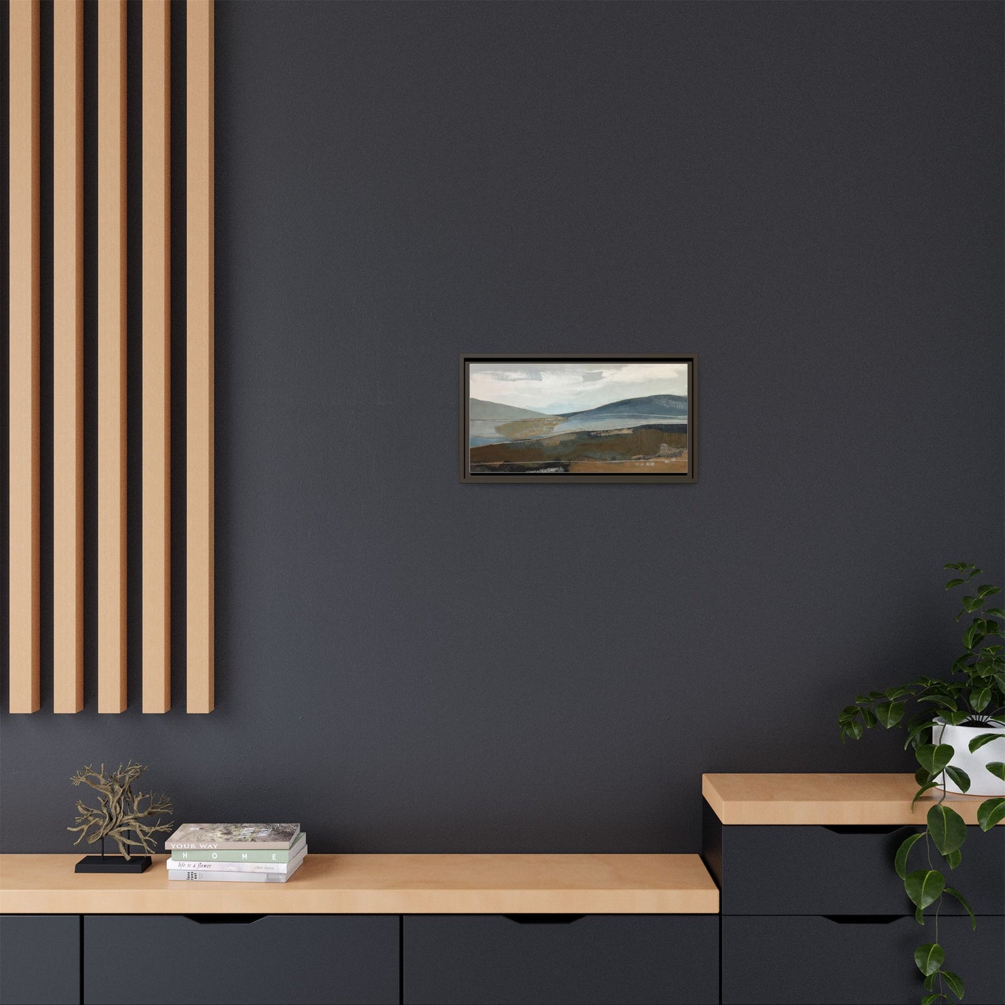 Framed Matte Canvas Landscape Art - Serene Abstract Hills in Blue & Earth Tones
