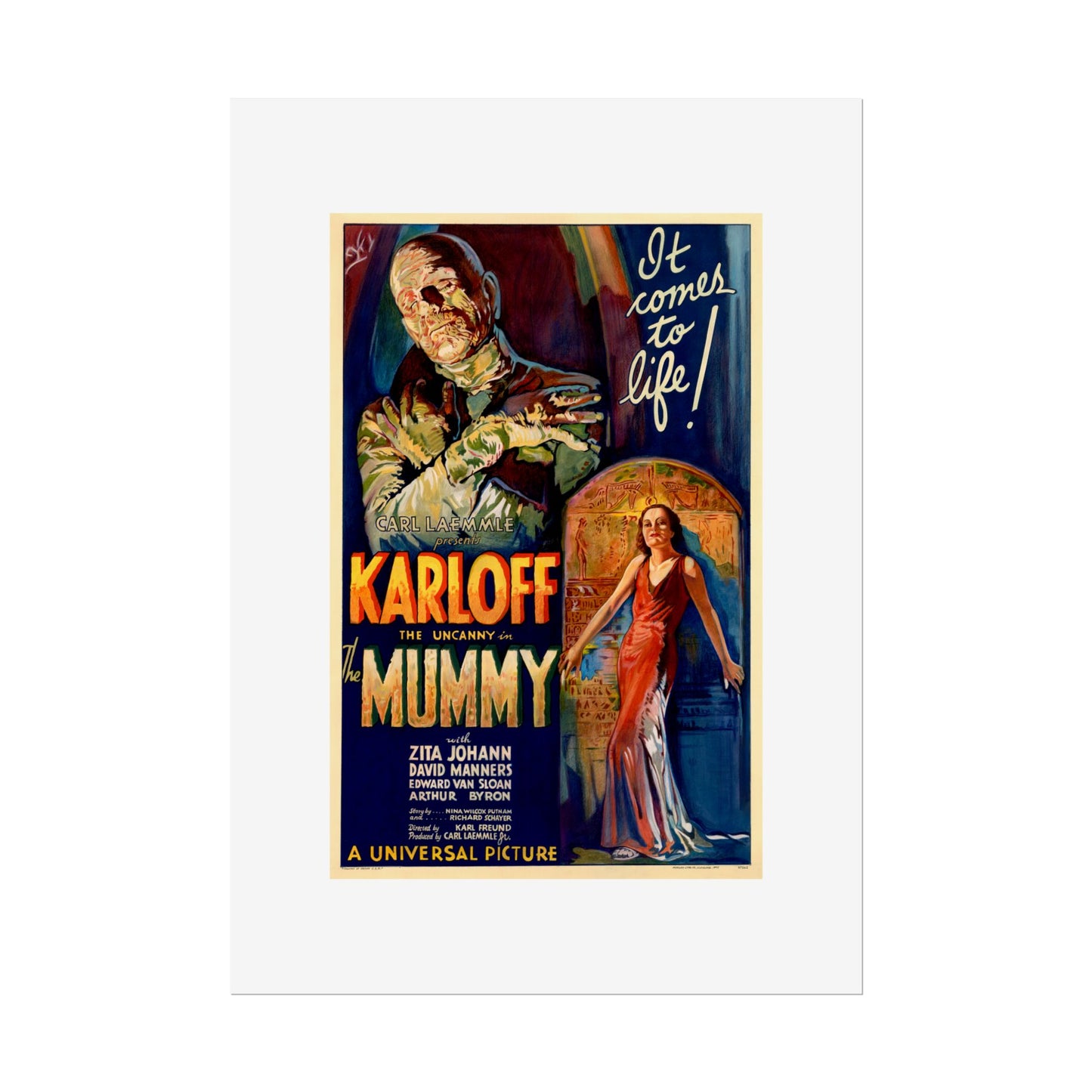 The Mummy 1932 film poster by Karoly Grosz Wall Art Print (Karloff "It Comes to Life!")