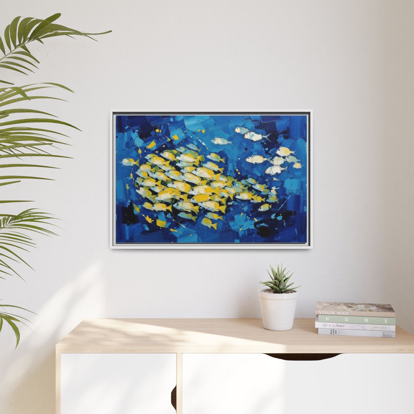 Framed Matte Canvas: Blue School of Fish Wall Art