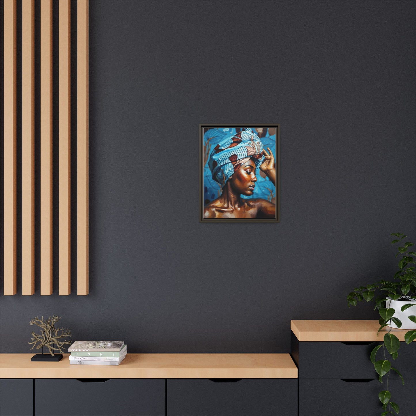Framed Canvas Art — Portrait of Woman in Blue Headwrap
