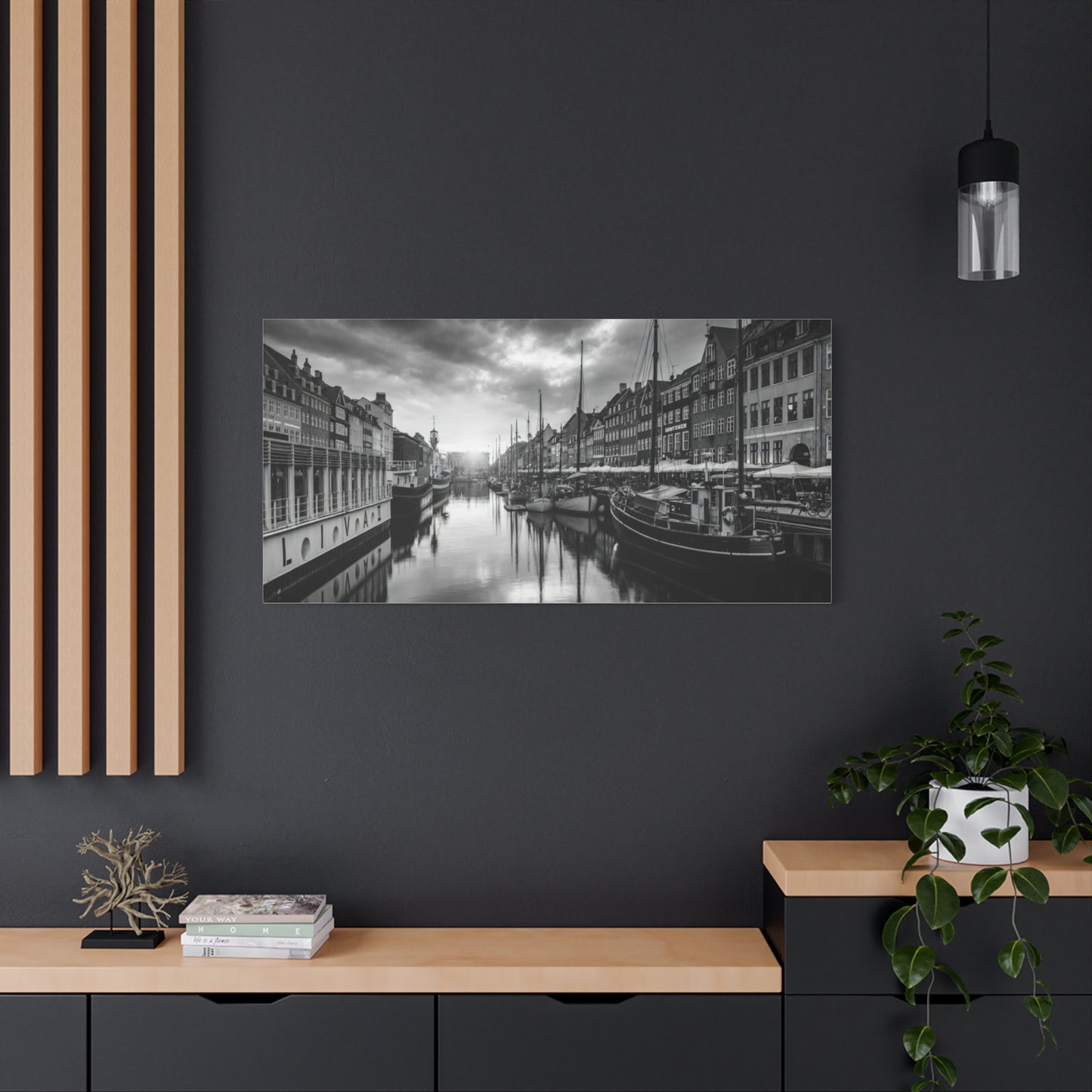 Black & White Harbor Canvas Print — Dramatic Copenhagen Cityscape Wall Art