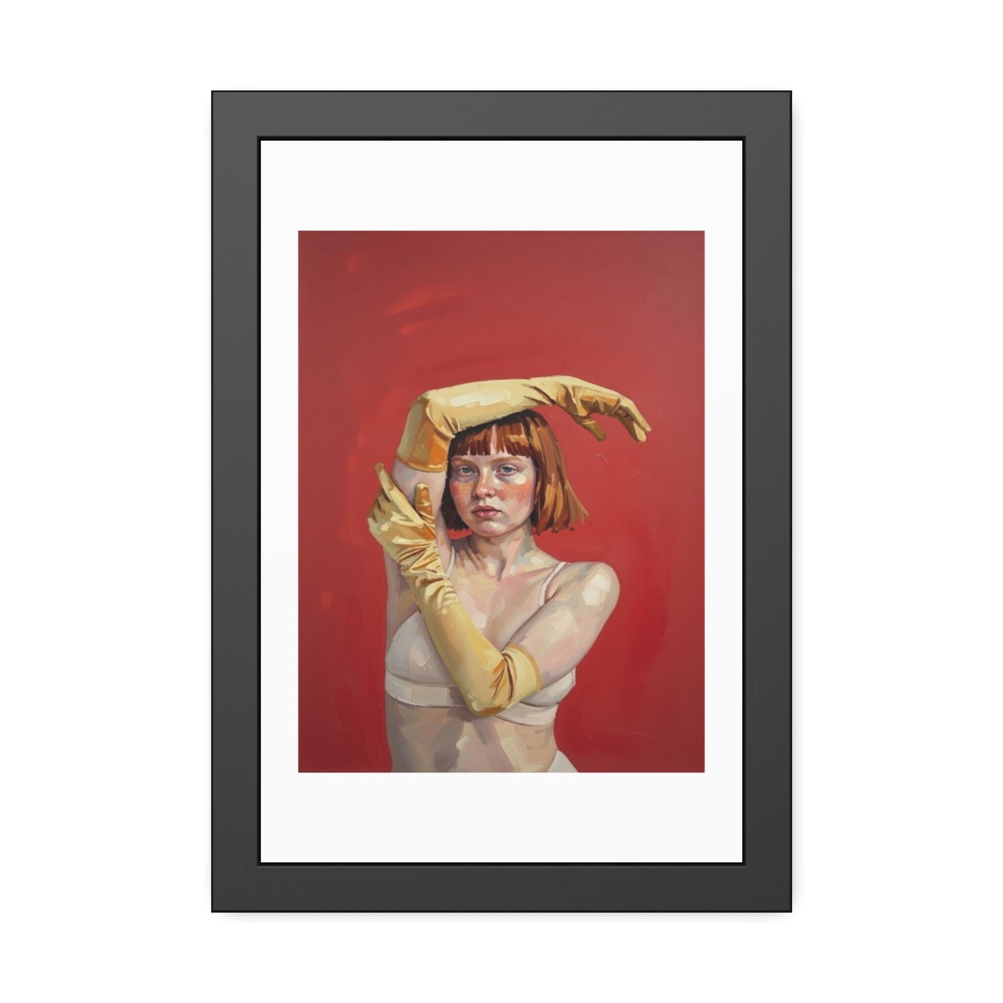 Framed Art Print — Retro Portrait with Yellow Gloves on Red Background