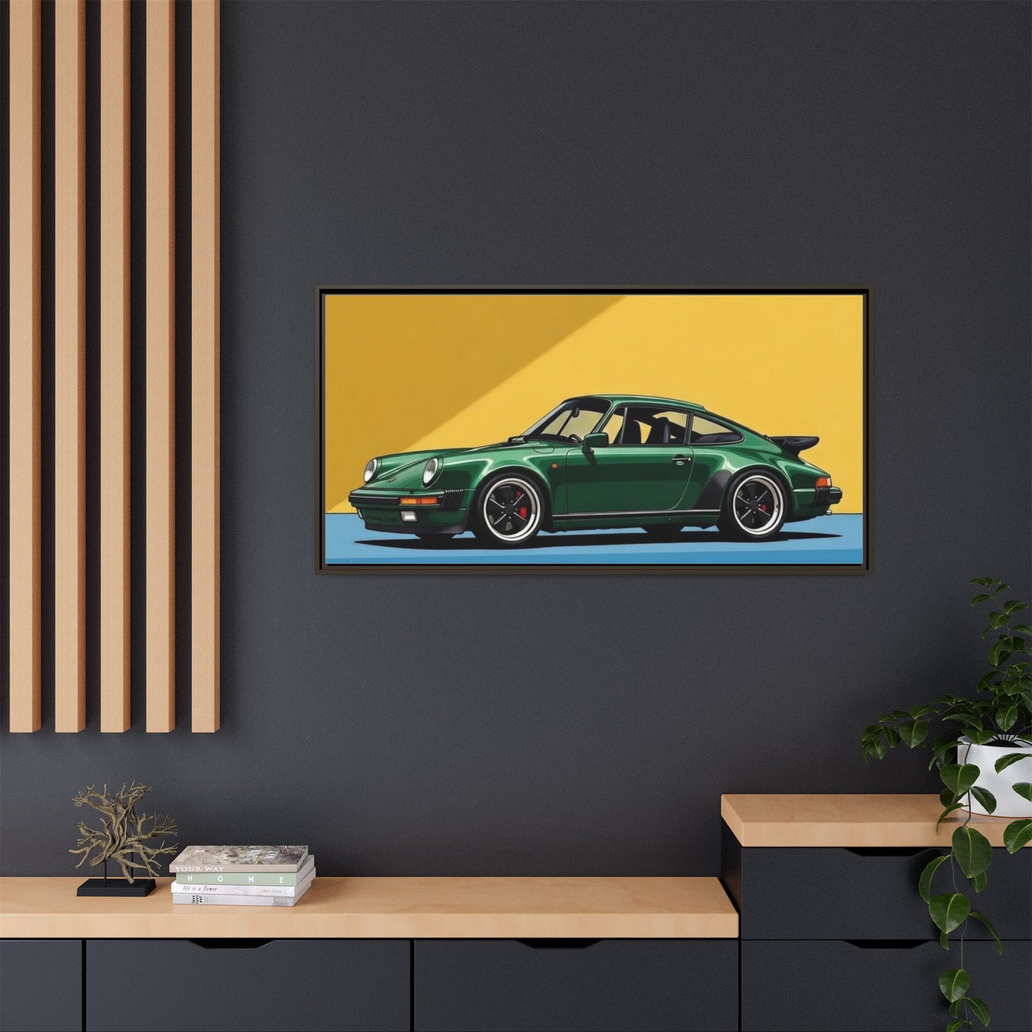 Framed Matte Canvas — Green Sports Car Wall Art