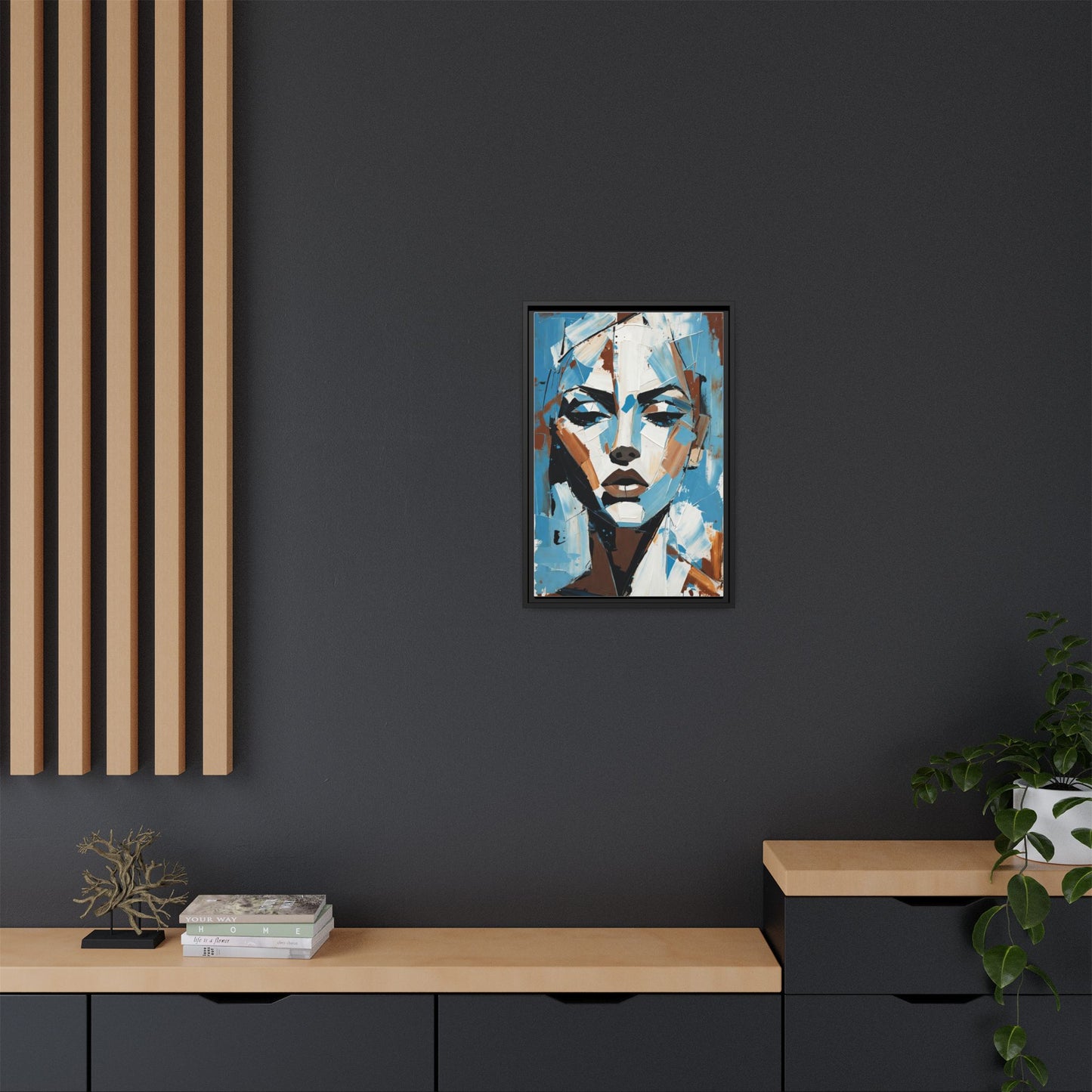 Abstract Blue Face Matte Canvas Wall Art — Framed Modern Portrait Print