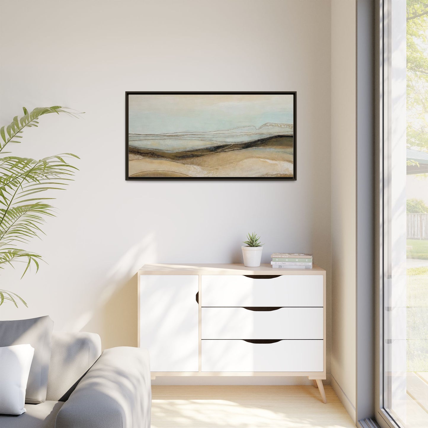 Framed Matte Canvas Wall Art — Neutral Abstract Landscape in Soft Blues & Earth Tones