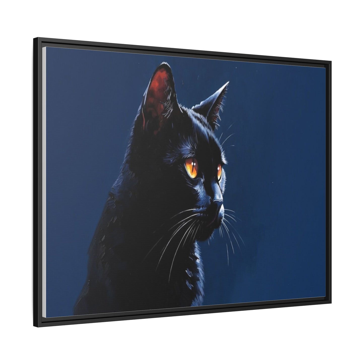 Black Cat Portrait Matte Canvas Framed Wall Art — Dramatic Feline Photo Print
