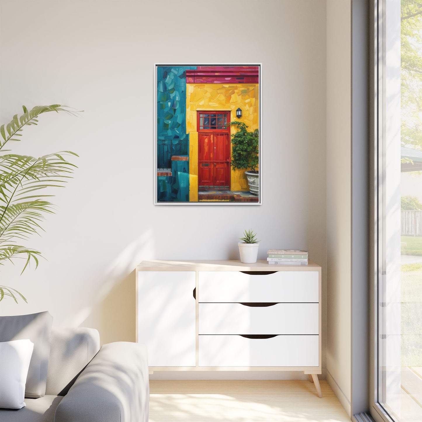 Framed Matte Canvas Wall Art — Colorful Red Door on Yellow Facade