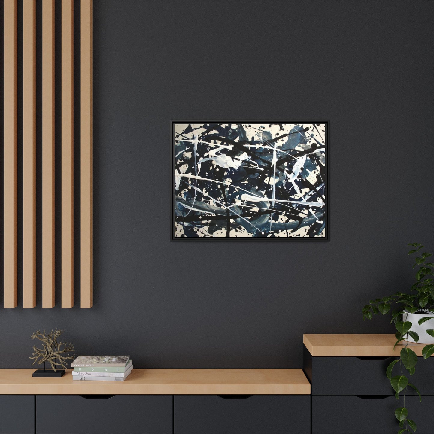 Abstract Splatter Matte Canvas Framed Wall Art — Black & Blue Modern Art Print