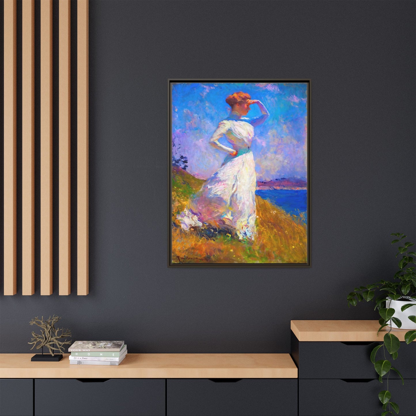 Framed Matte Canvas Art - Woman in White Seaside Impressionist Print