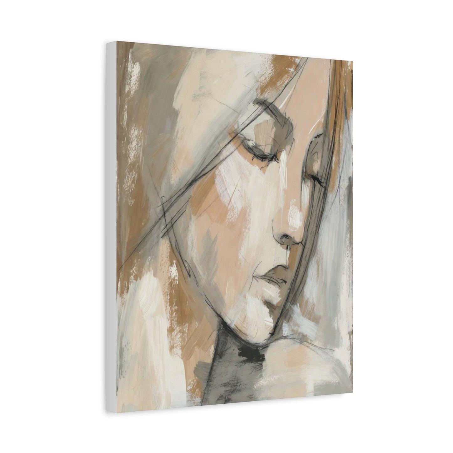 Serene Woman Portrait Matte Canvas Wall Art — Neutral Abstract Face Painting