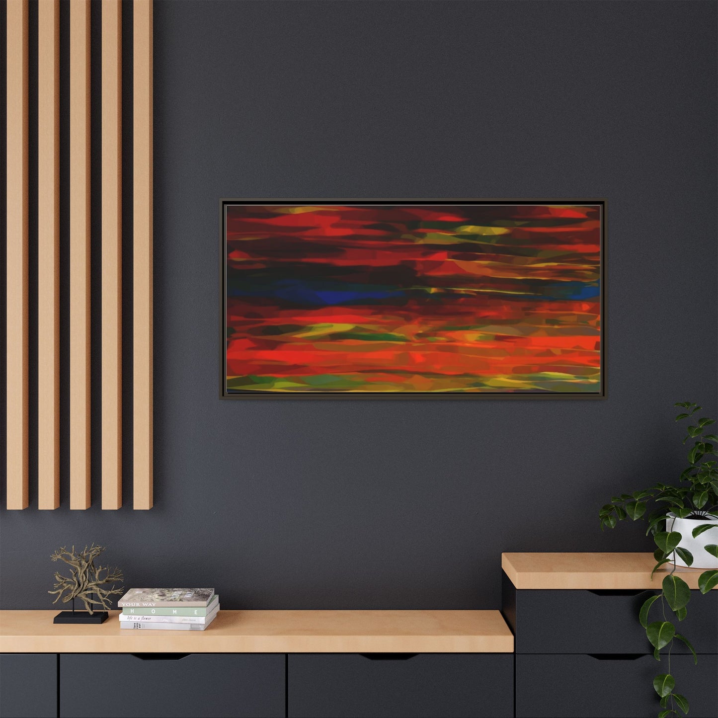 Abstract Multi-Color Matte Canvas Framed Wall Art — Bold Red & Blue Modern Painting