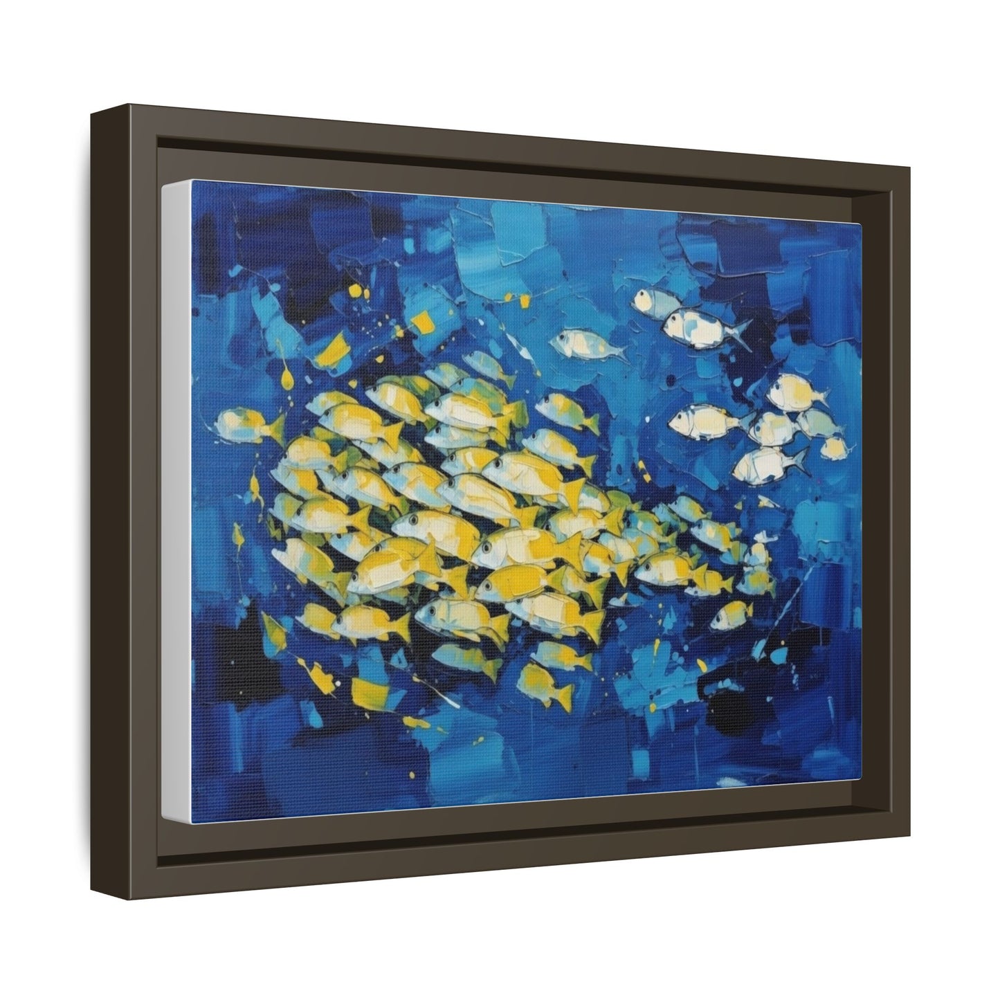 Framed Matte Canvas: Blue School of Fish Wall Art