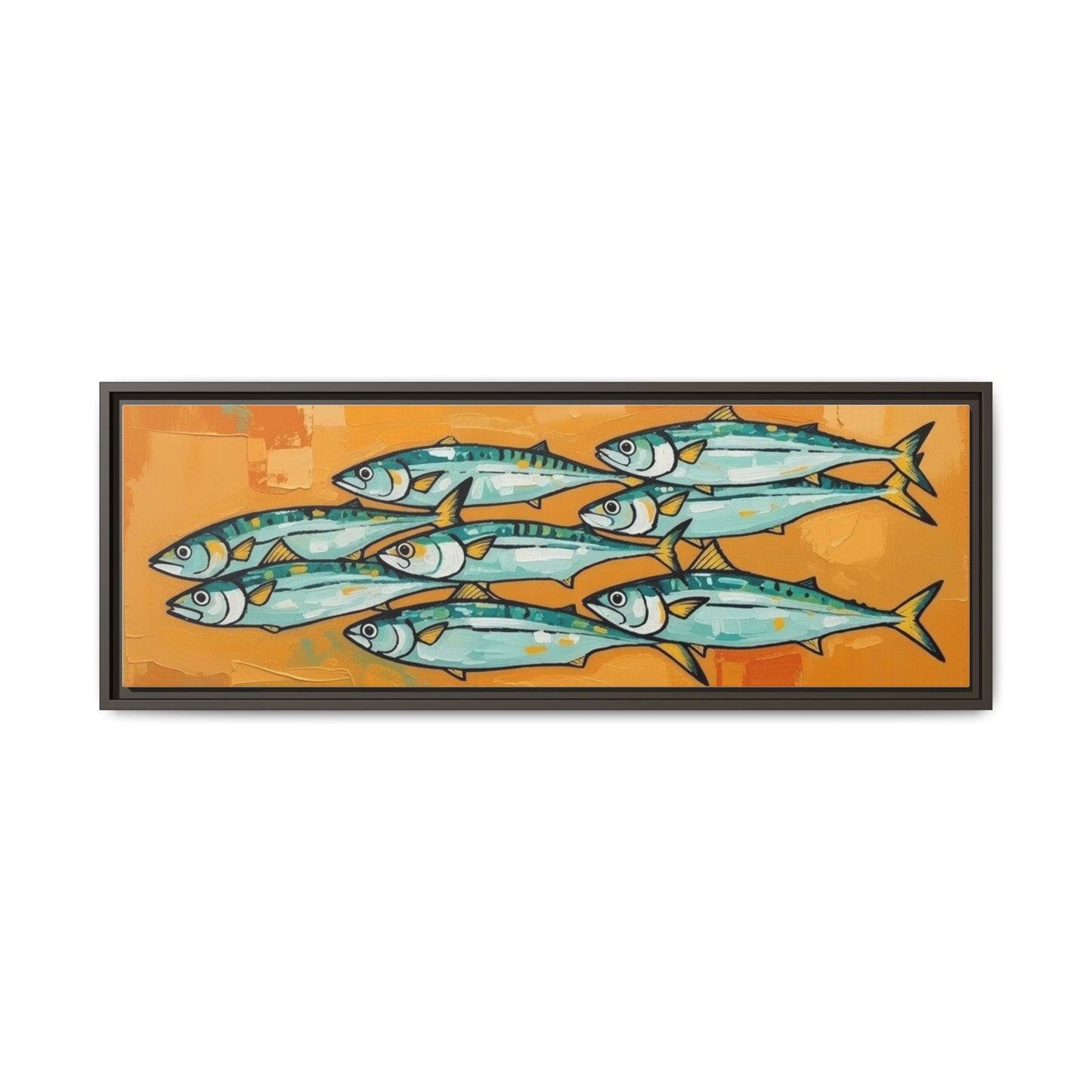Framed Matte Canvas Print — School of Blue Fish on Orange Abstract Background