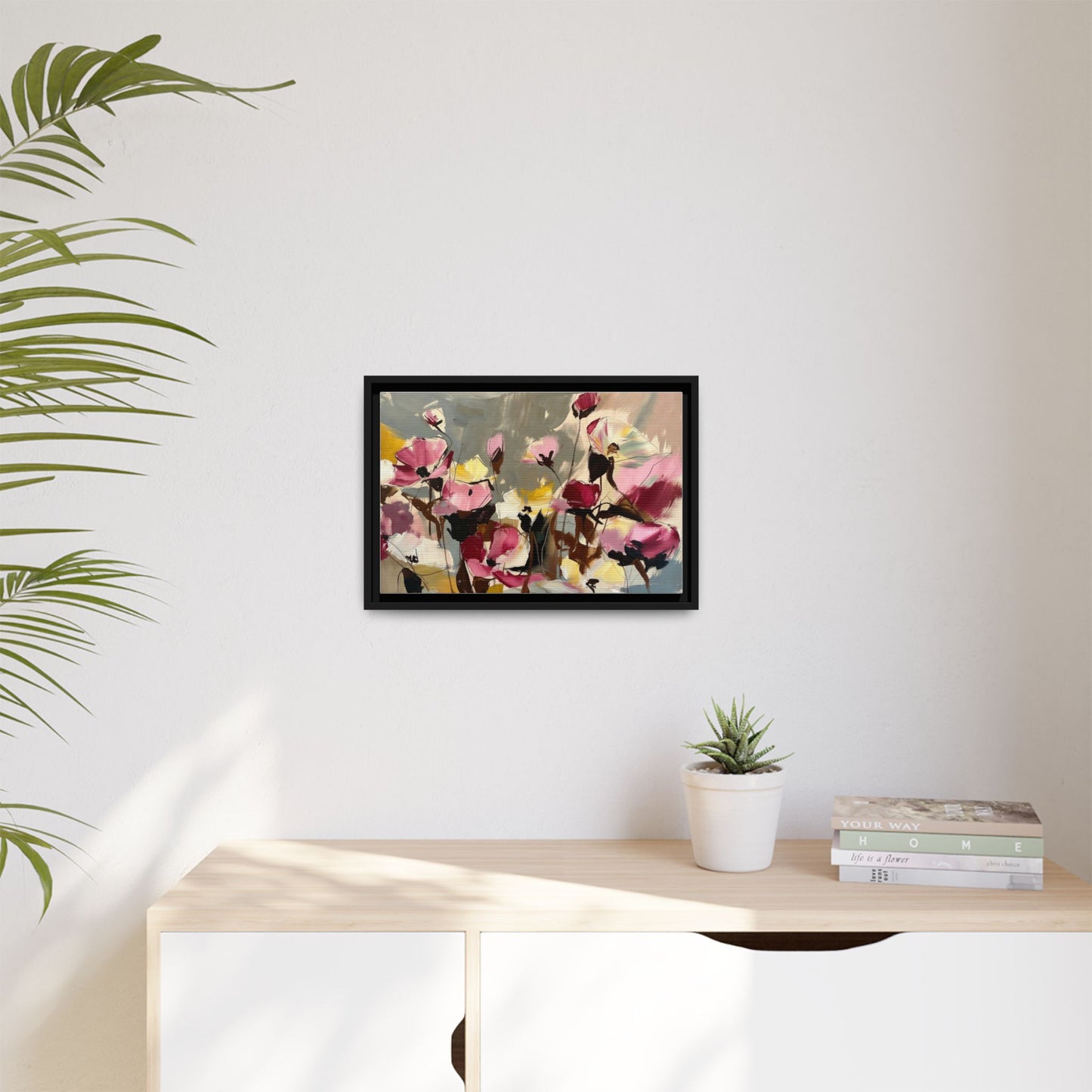 Framed Floral Canvas Wall Art — Abstract Pink & Yellow Flowers