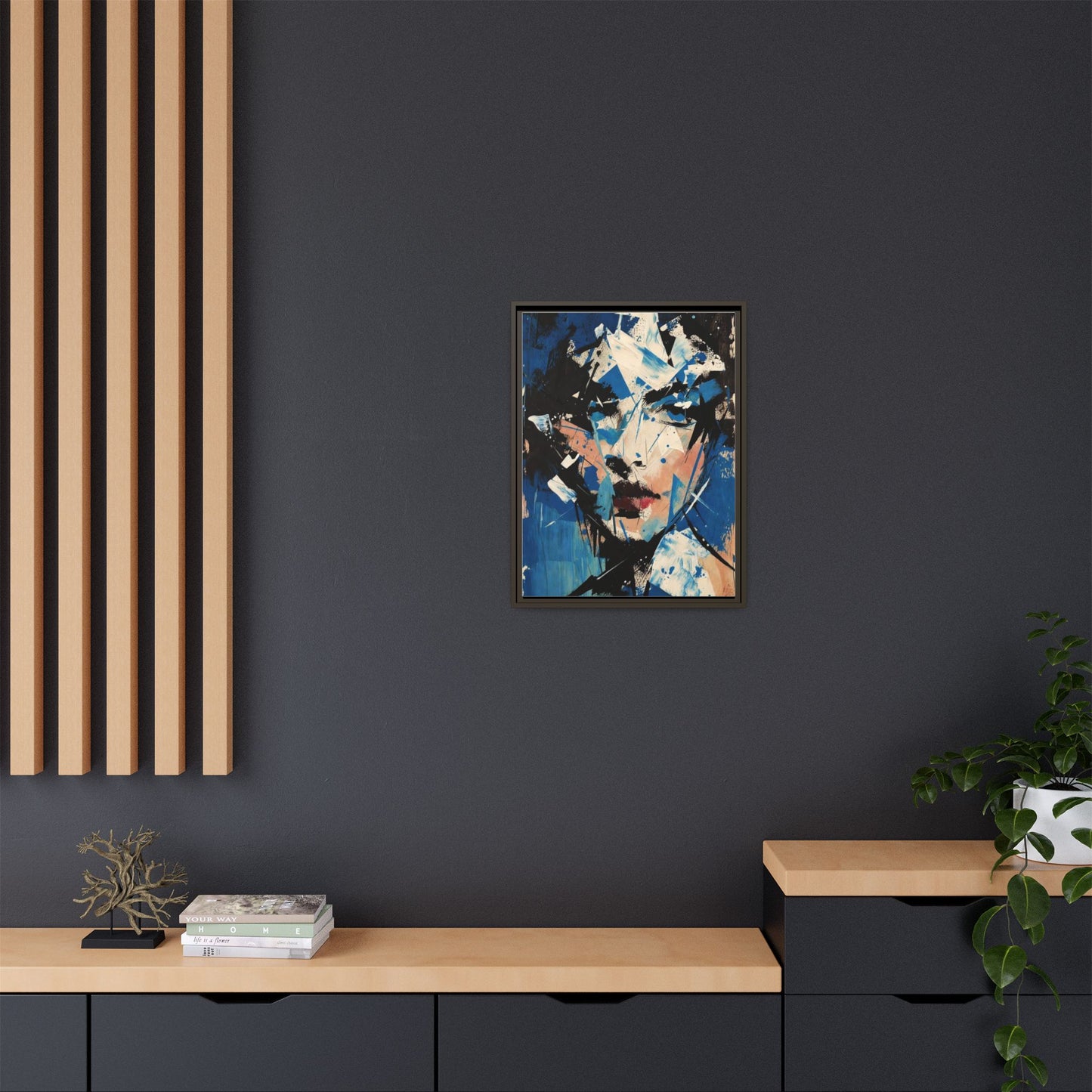 Abstract Portrait Matte Canvas Framed Wall Art — Blue Mixed-Media Face Print