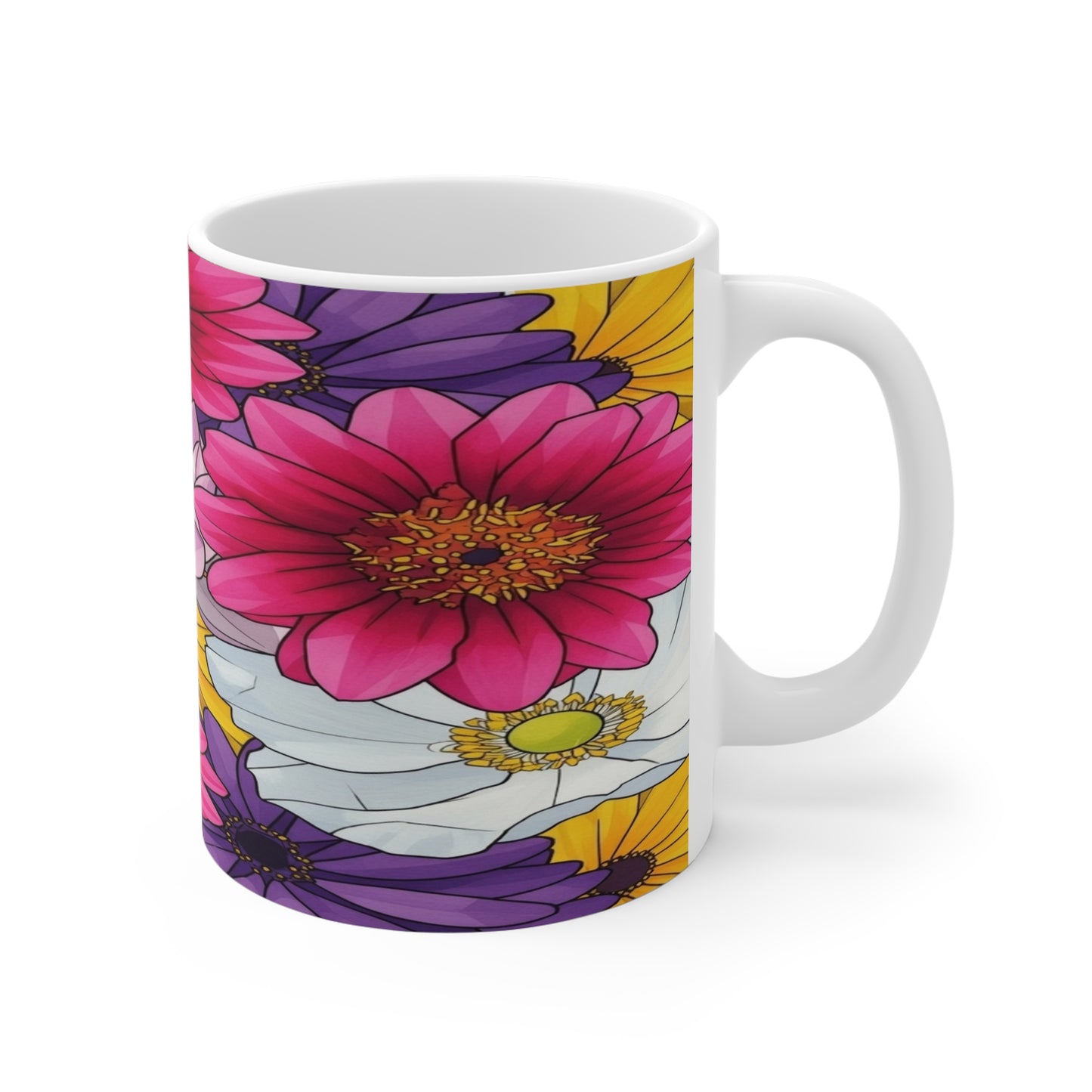 Floral Daisy Bouquet Mug — Colorful Pink & Purple Garden Coffee Cup