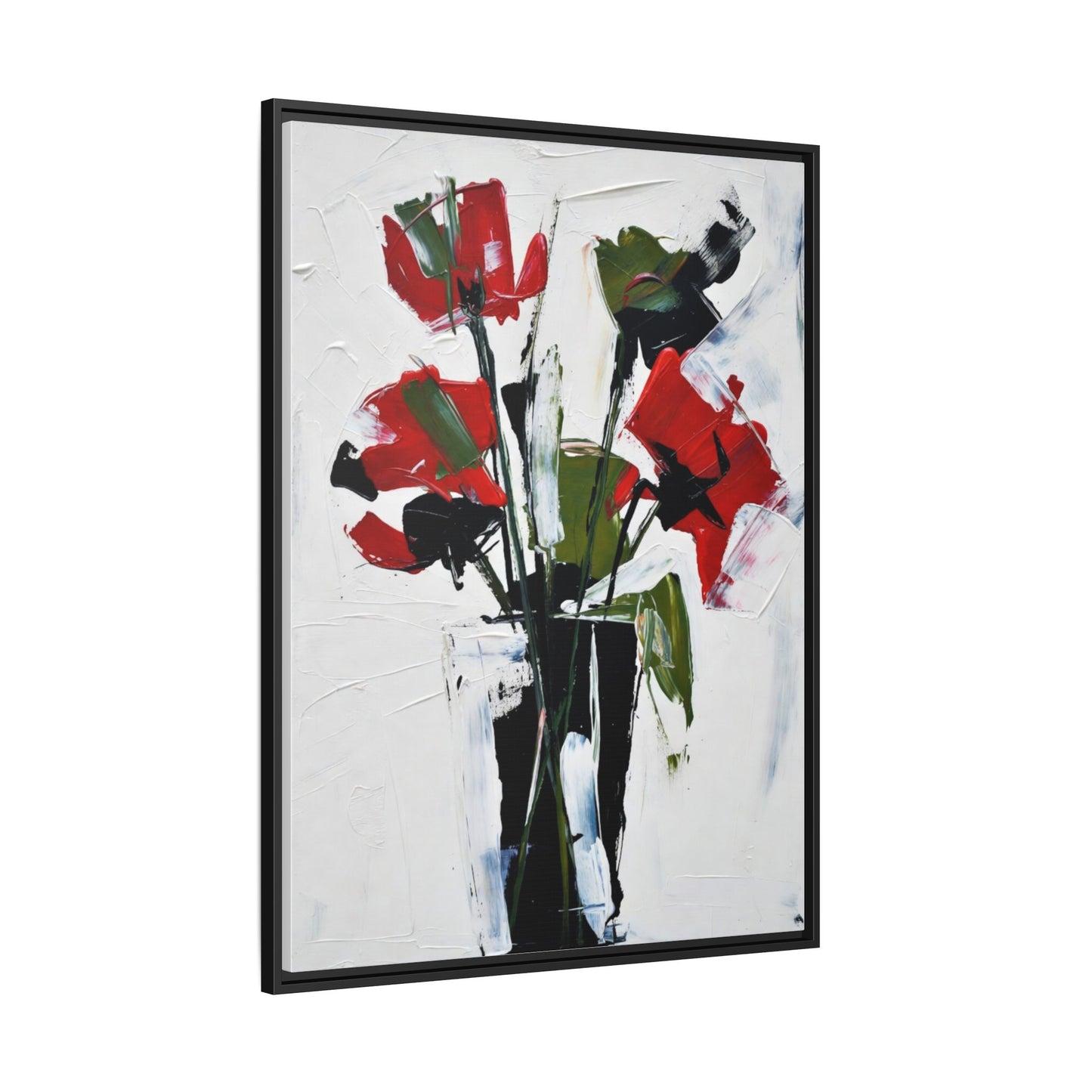 Framed Abstract Floral Canvas Print — Red Poppies in Black Vase