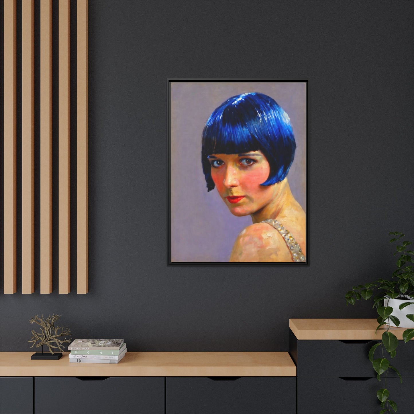 Framed Matte Canvas Art Print — Vintage Portrait with Blue Bob