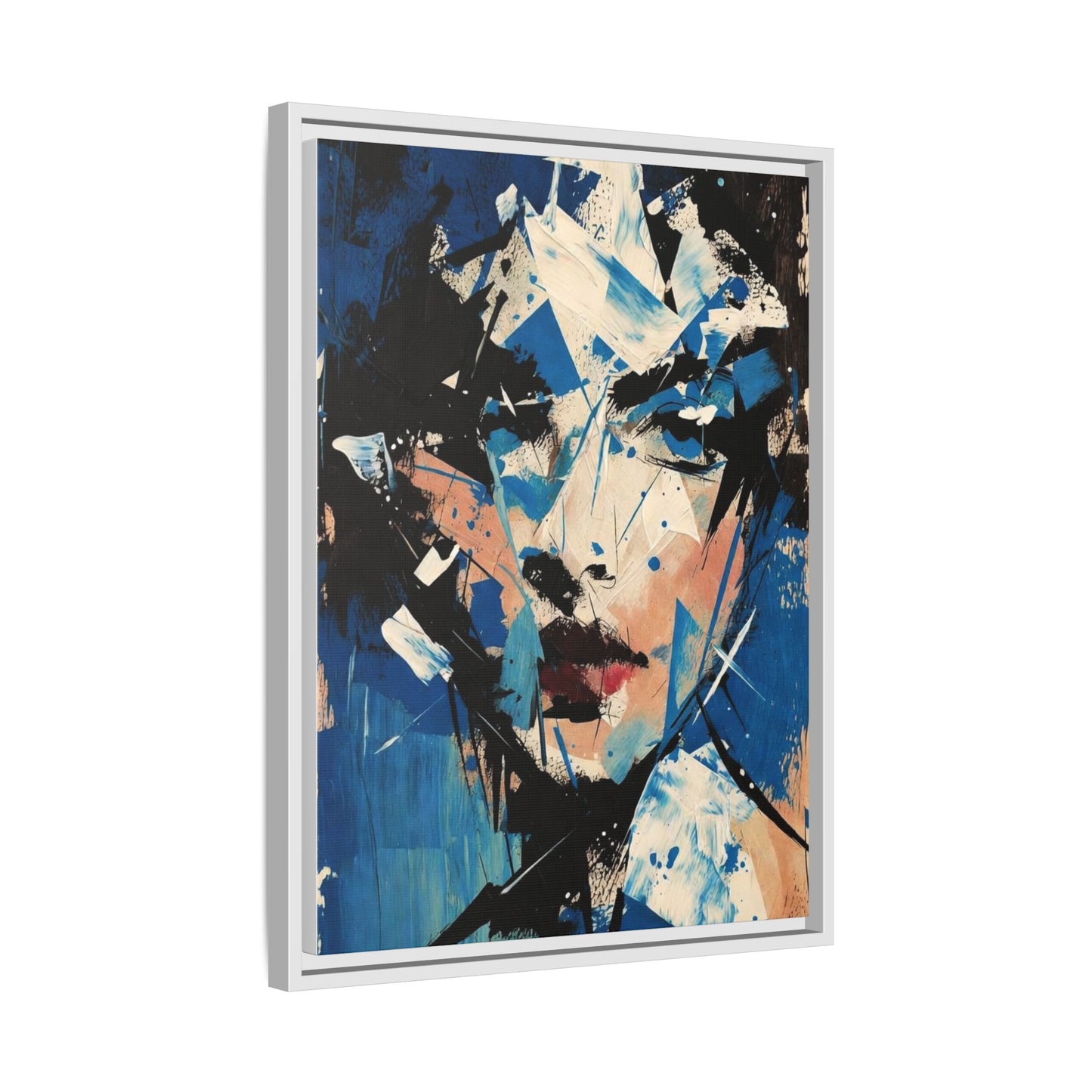 Abstract Portrait Matte Canvas Framed Wall Art — Blue Mixed-Media Face Print
