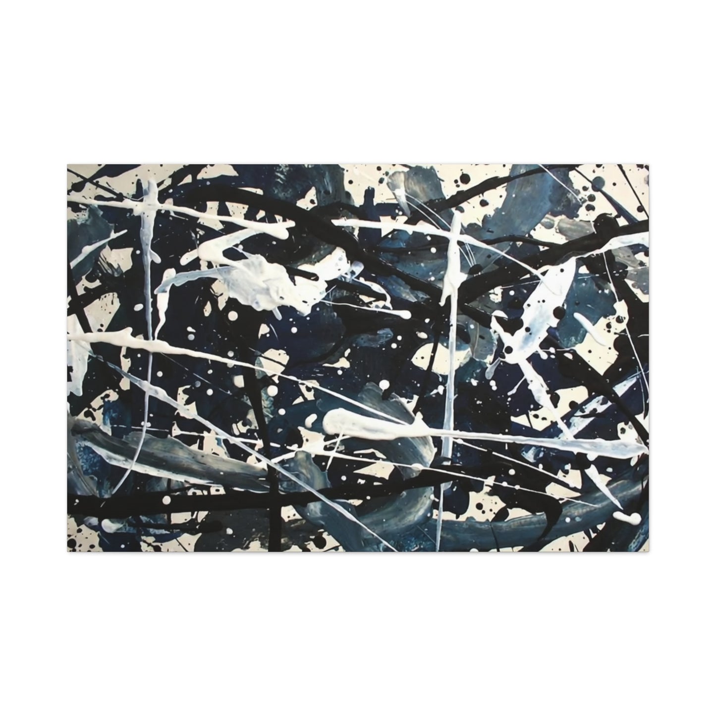 Abstract Drip Painting Canvas Print — Blue & Black Modern Wall Art (Matte Stretched)