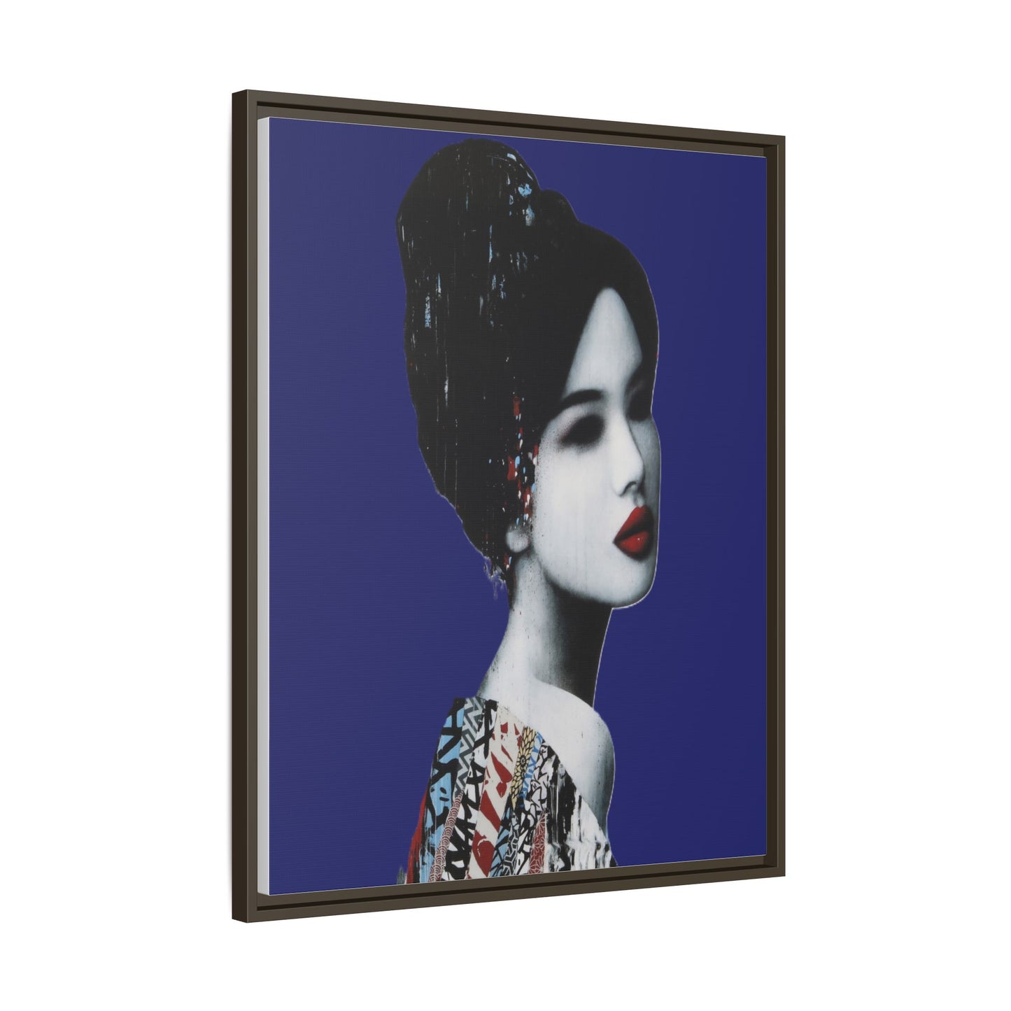 Framed Matte Canvas Art — Elegant Geisha Portrait on Deep Blue