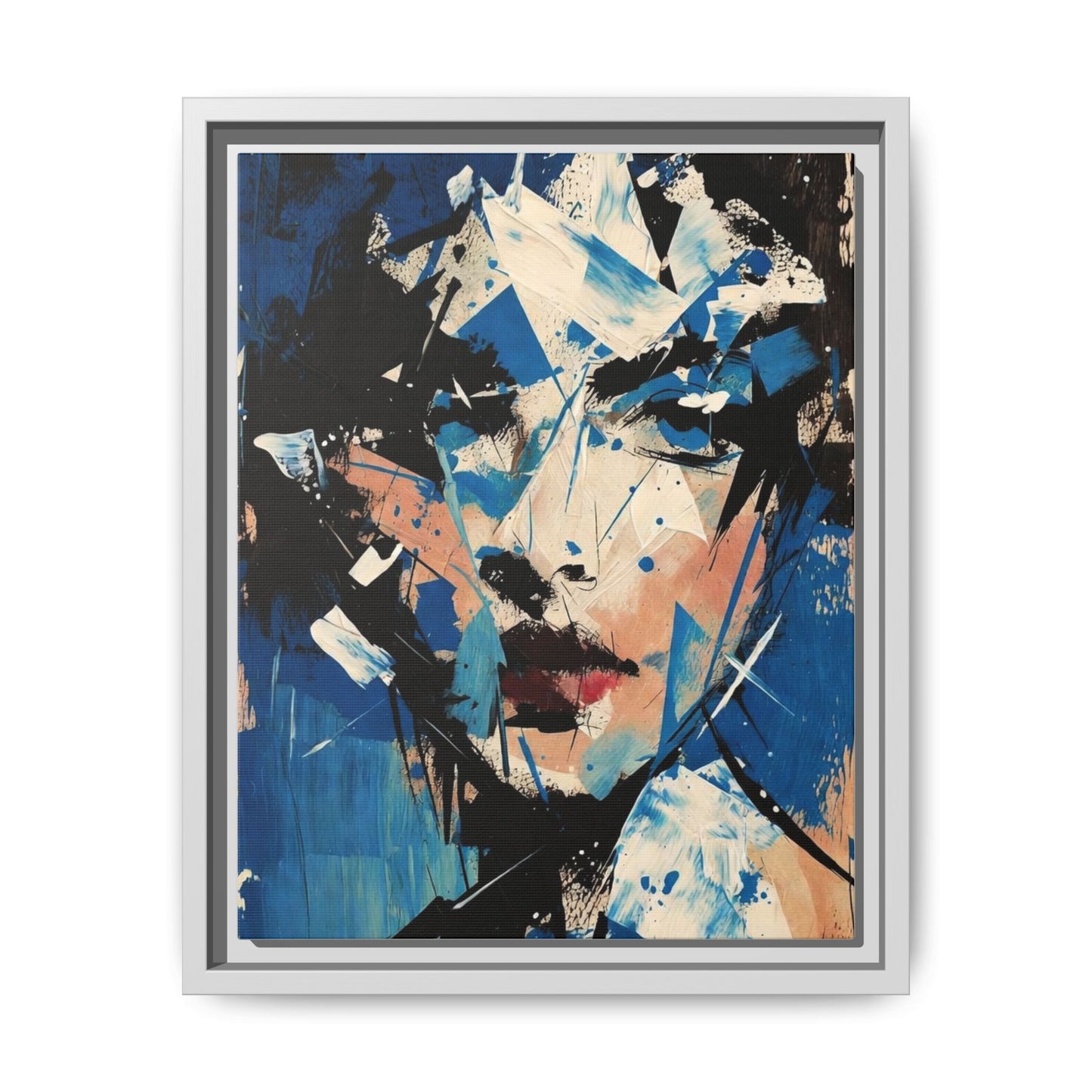 Abstract Portrait Matte Canvas Framed Wall Art — Blue Mixed-Media Face Print