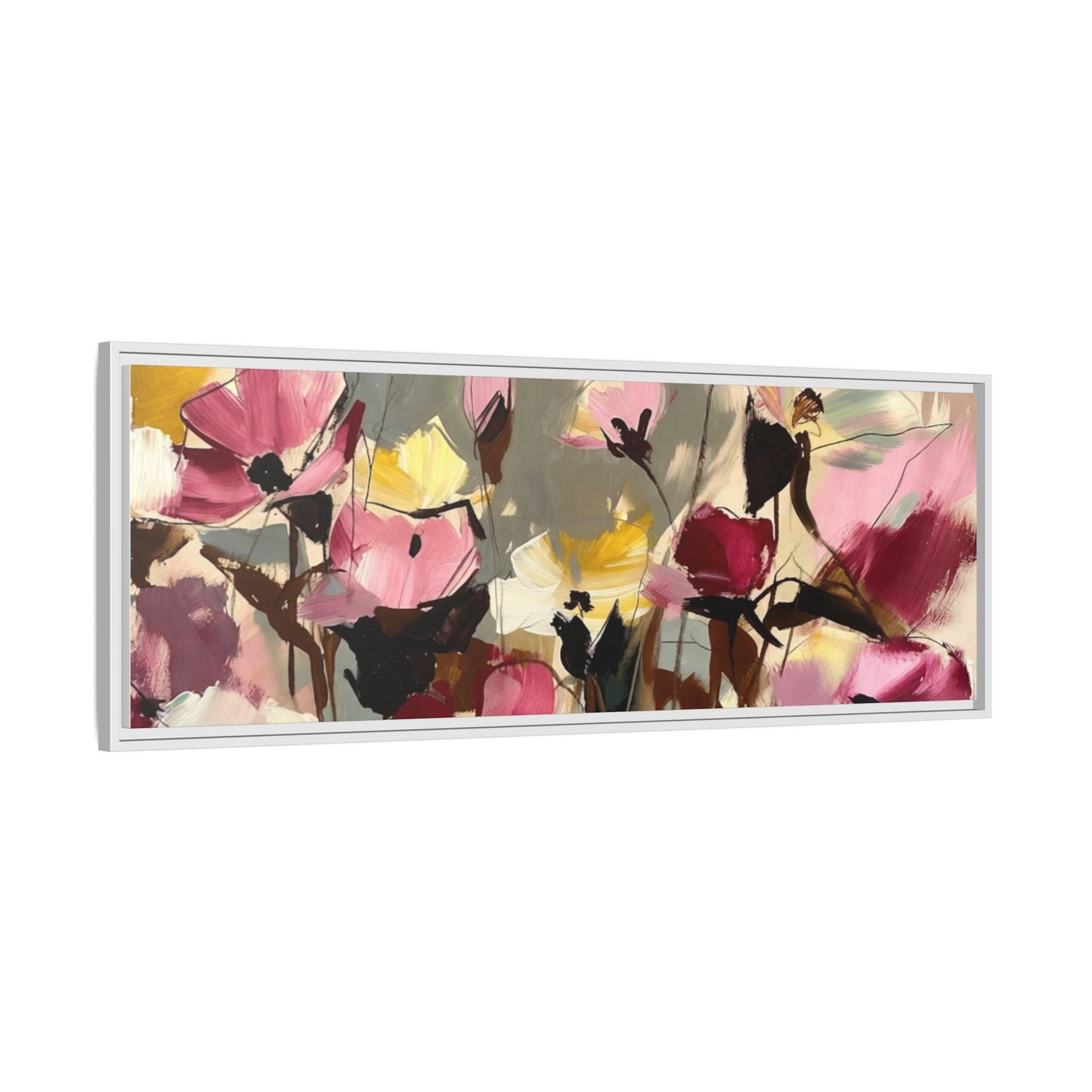 Framed Floral Canvas Wall Art — Abstract Pink & Yellow Flowers