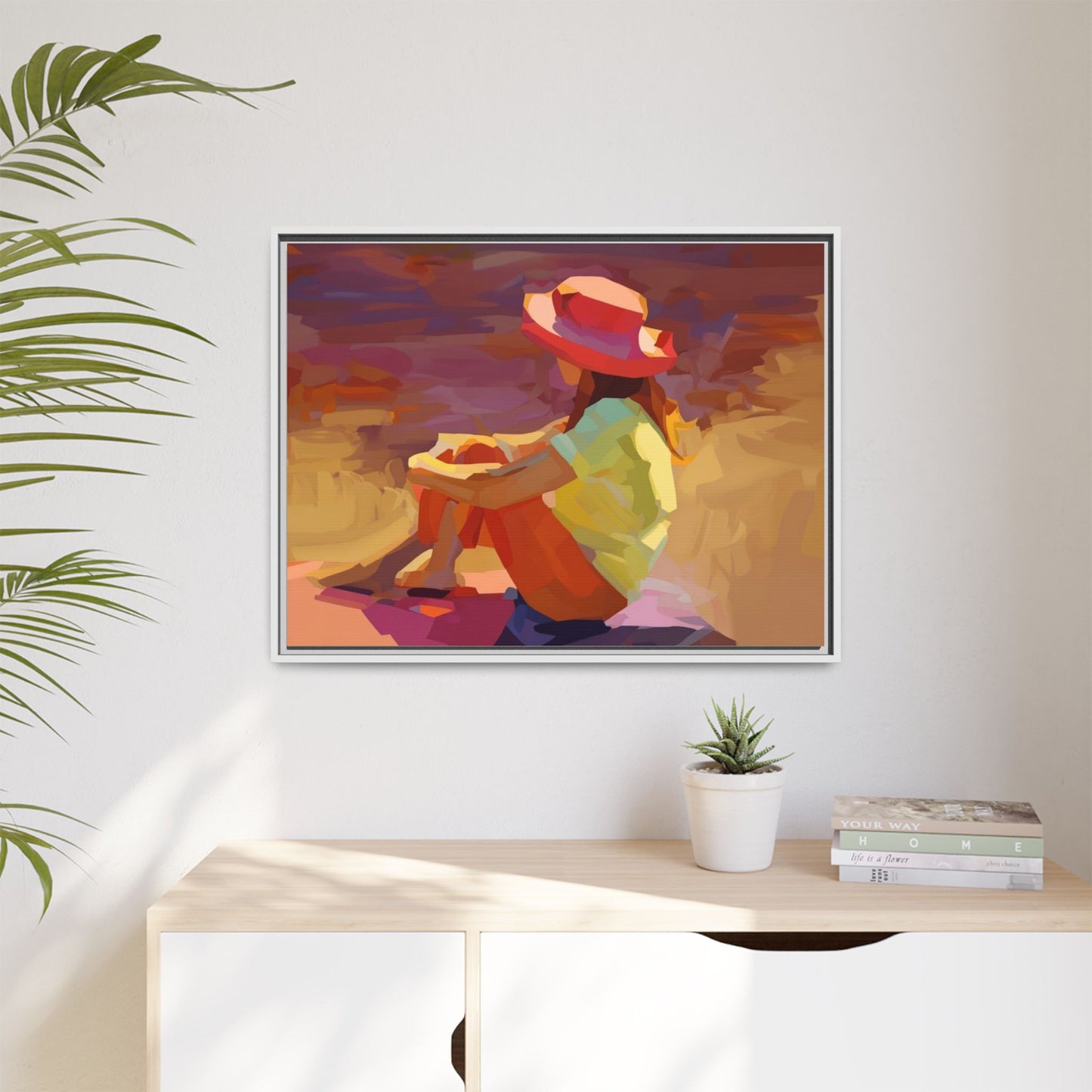 Framed Matte Canvas — Colorful Seated Girl Beach Art