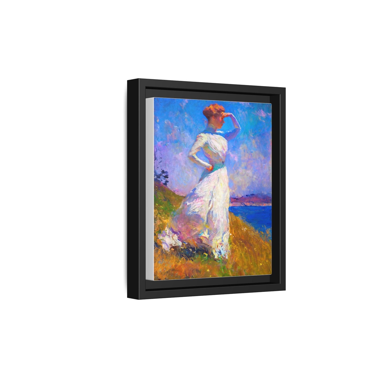 Framed Matte Canvas Art - Woman in White Seaside Impressionist Print