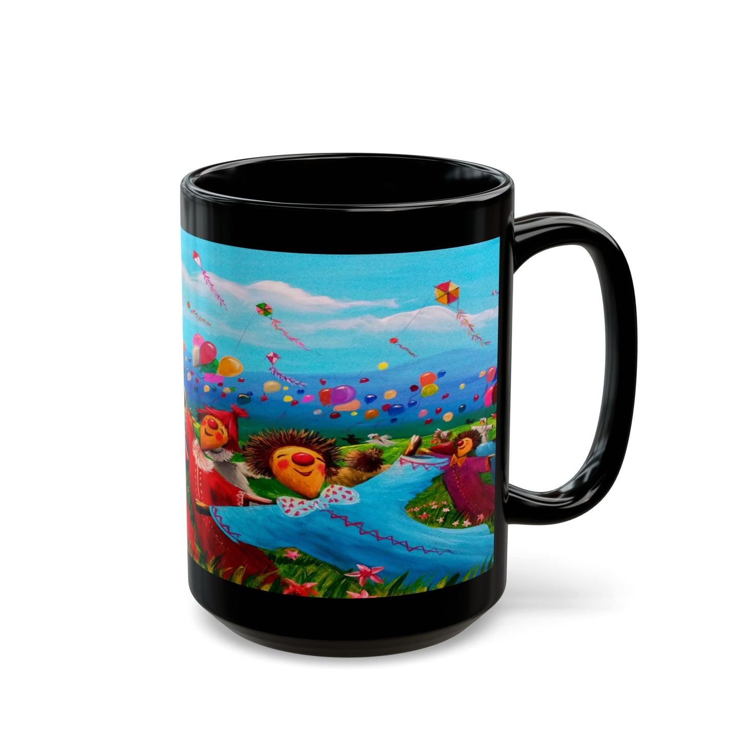 Black Ceramic Mug — Whimsical Kite Festival Art (11oz & 15oz)