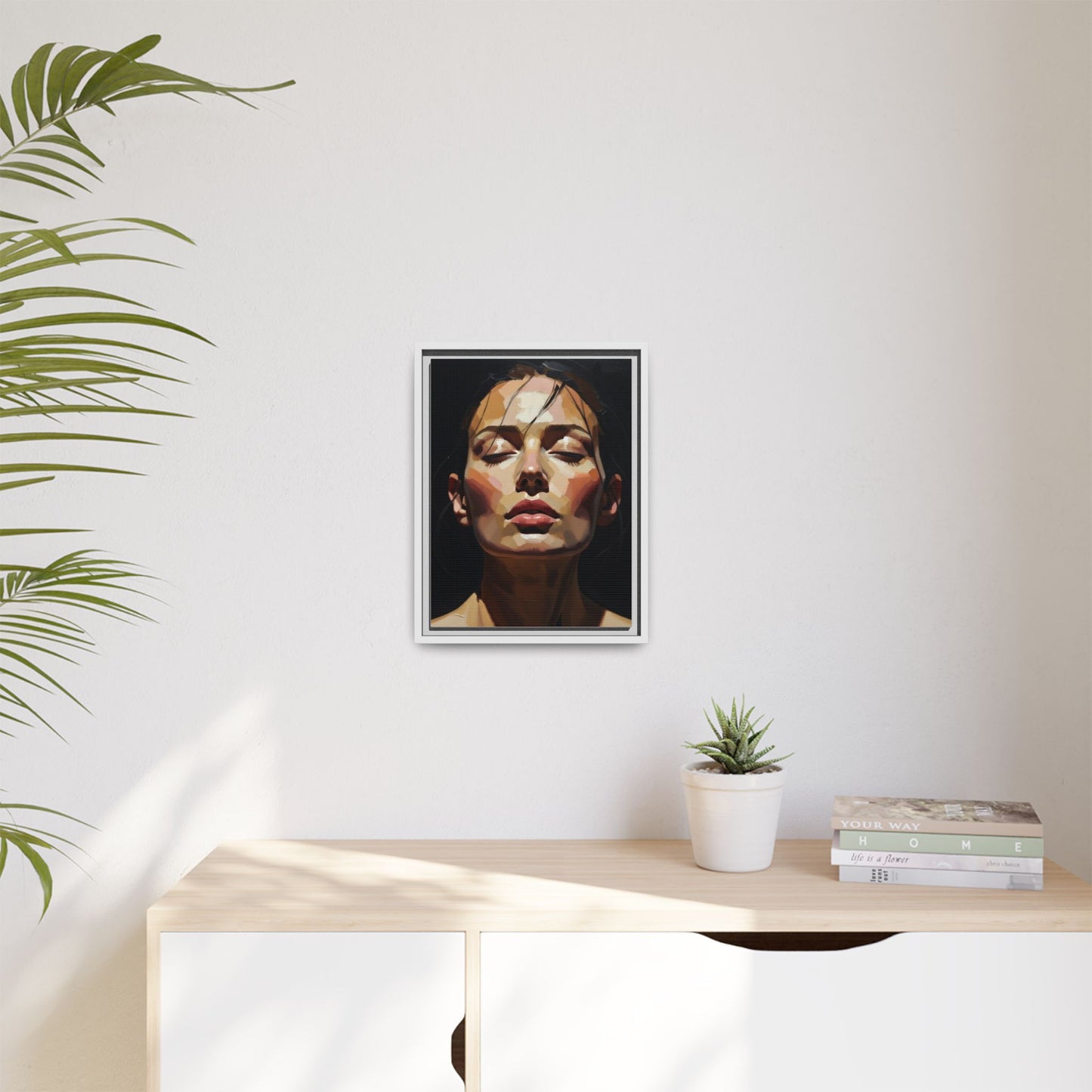 Framed Matte Canvas Portrait – Woman with Eyes Closed (Multi‑Color)