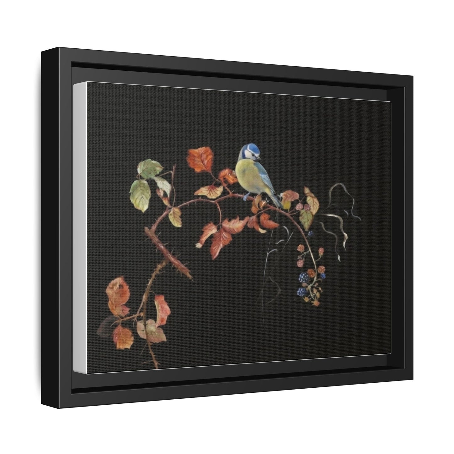 Framed Matte Canvas - Blue Tit on Autumn Branch Wall Art